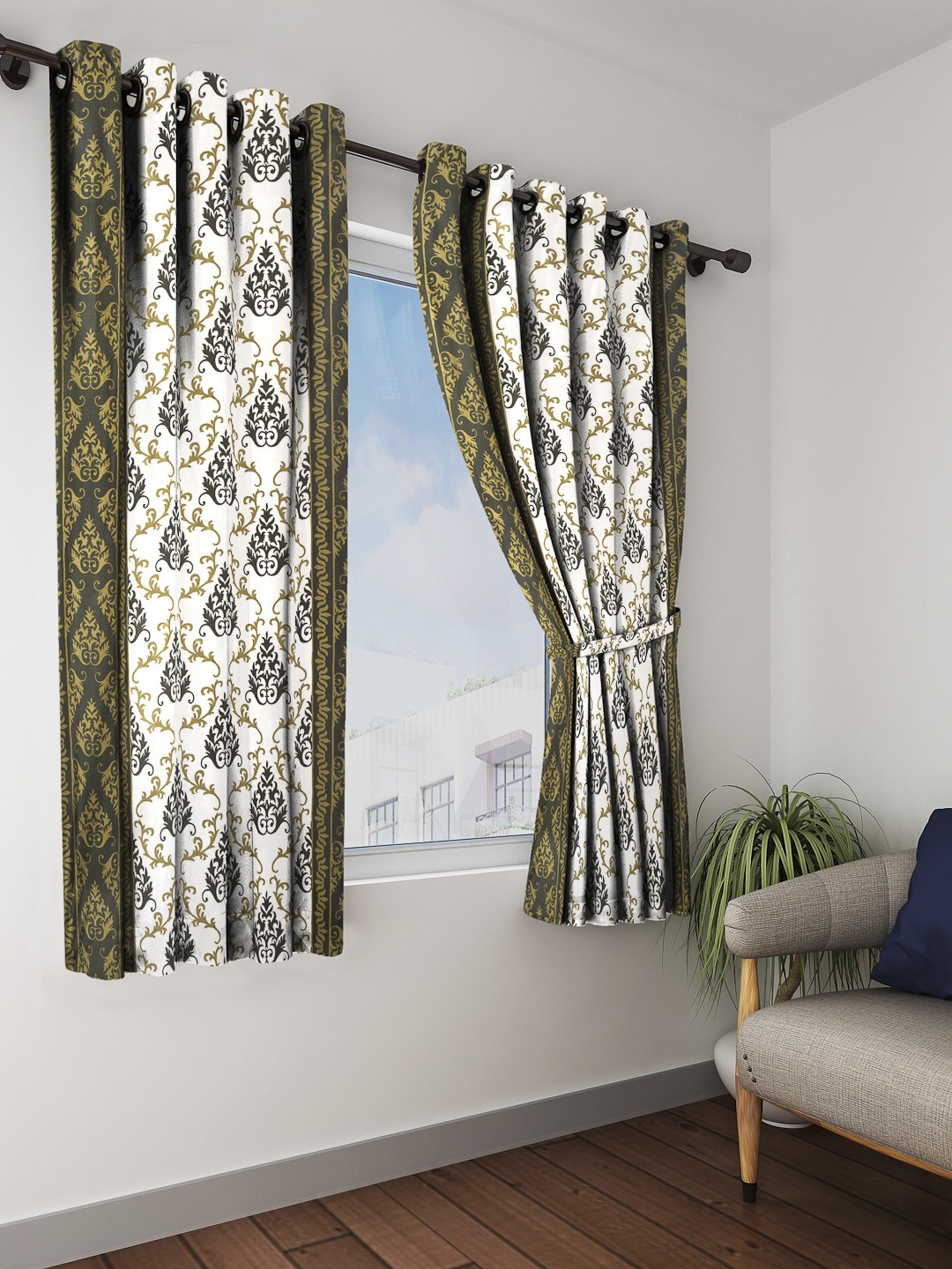 

Cortina Set of 2 Damask Printed Window Curtains, Green