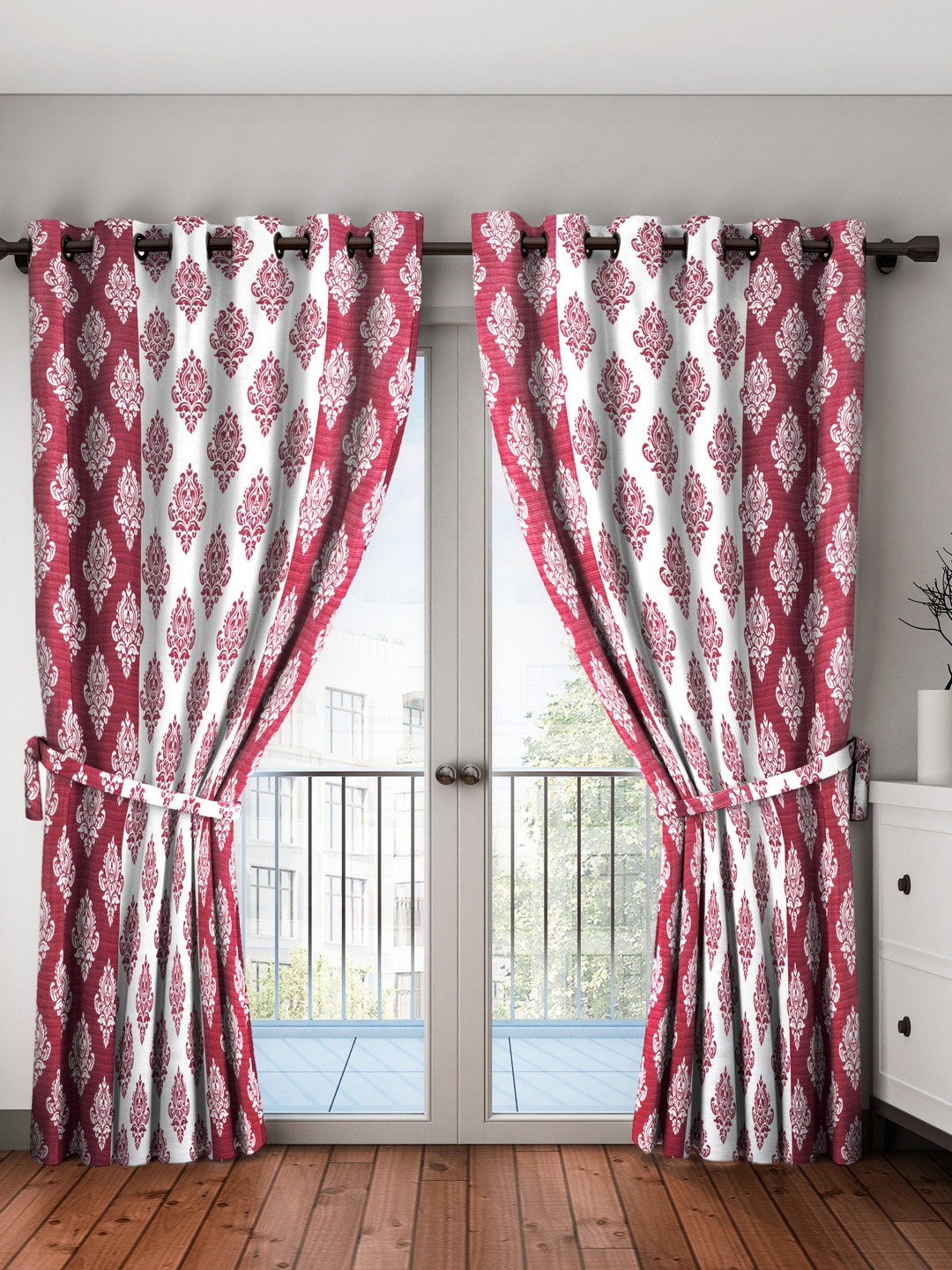 Cortina Set of 2 Block Printed Long Door Curtains, Maroon