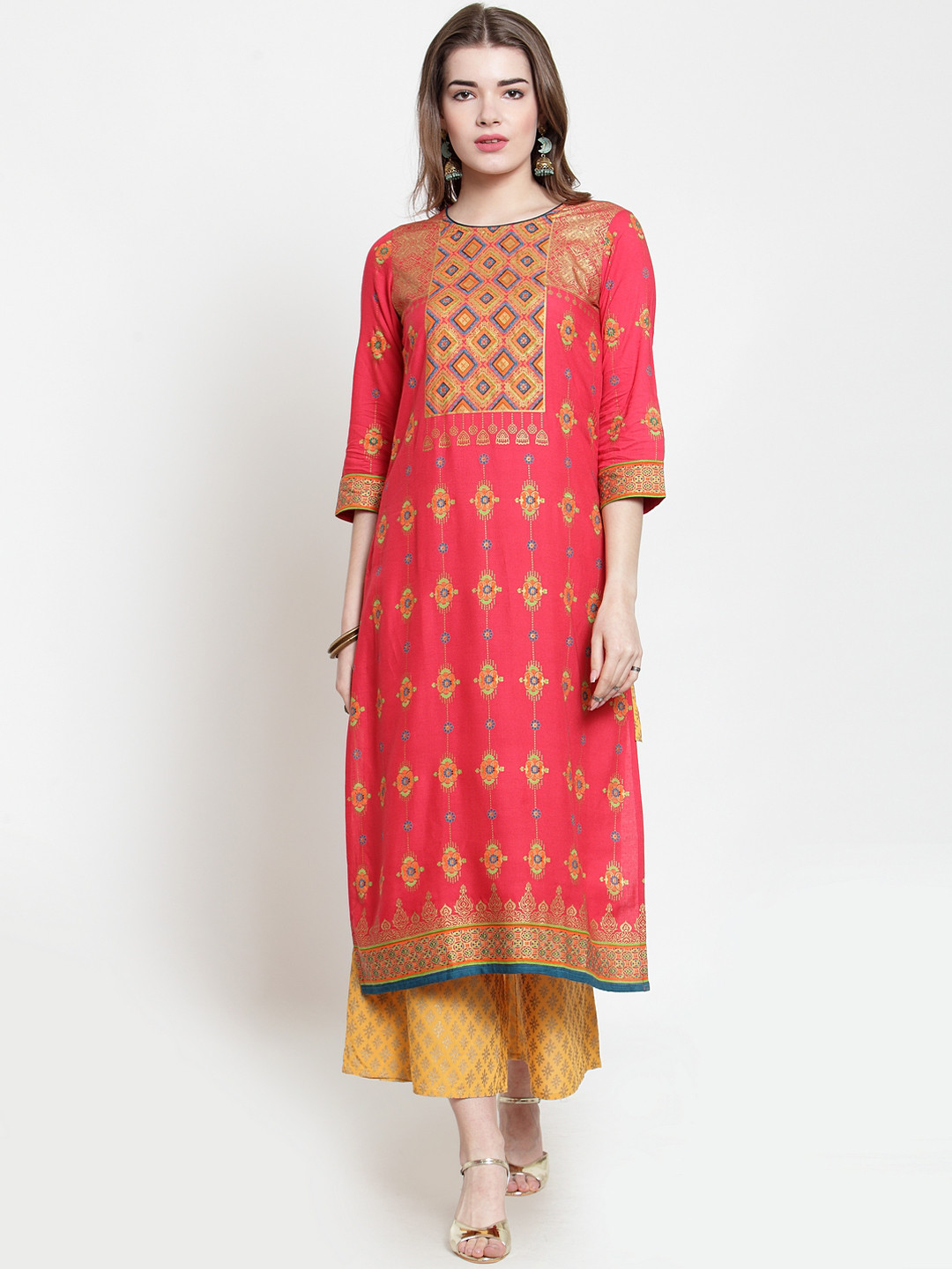 

Varanga Women Coral Red & Mustard Yellow Printed Kurta with Palazzos