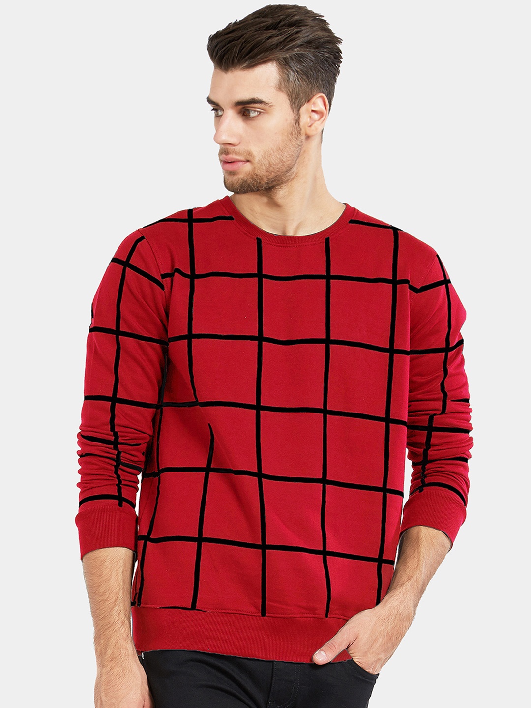 

Maniac Men Red Black Checked Round Neck Pure Cotton T-shirt
