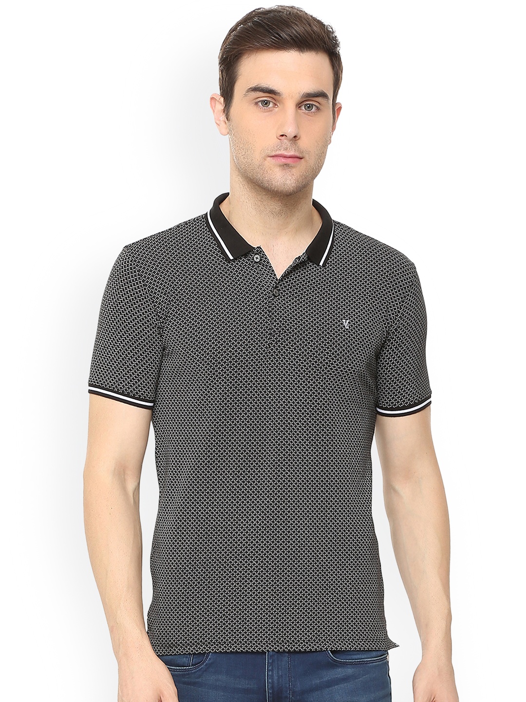 

V Dot Men Black Printed Polo Collar T-shirt