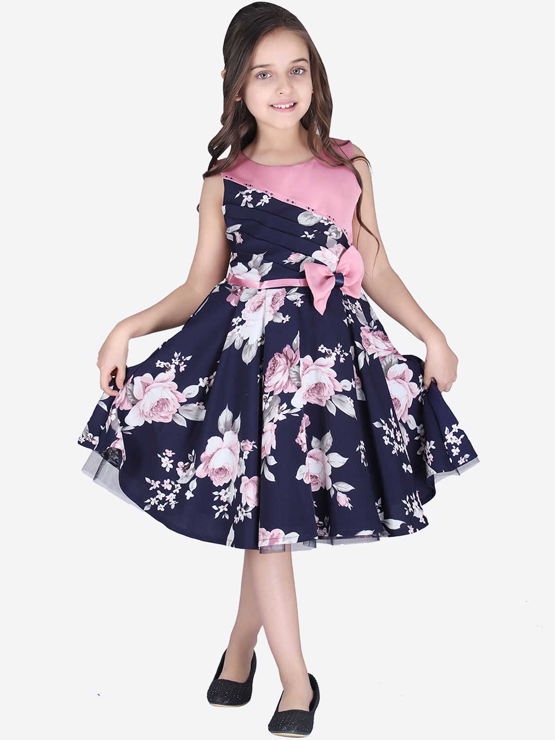 CUTECUMBER Girls Navy Blue Printed A-Line Dress