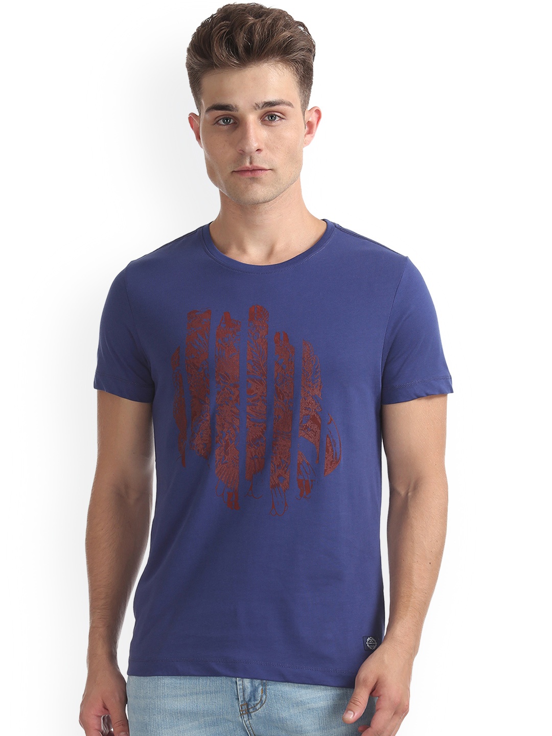 

Arrow Blue Jean Co. Men Blue Printed Round Neck Pure Cotton T-shirt