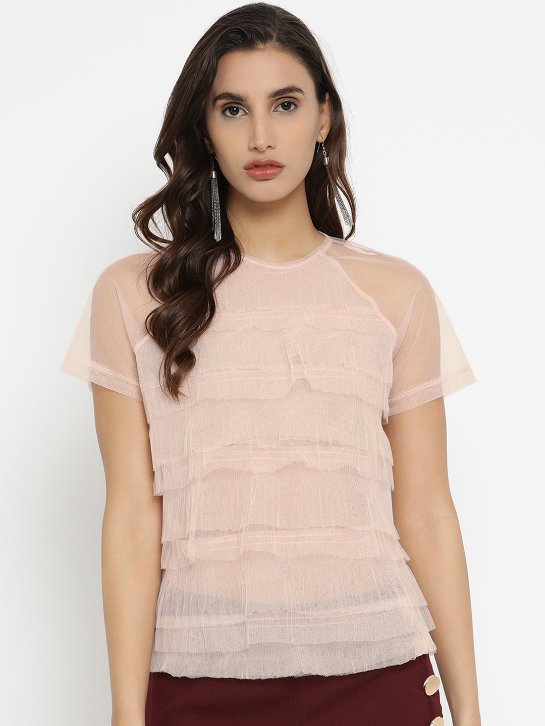 

Kazo Women Pink Self Design Tiered Top