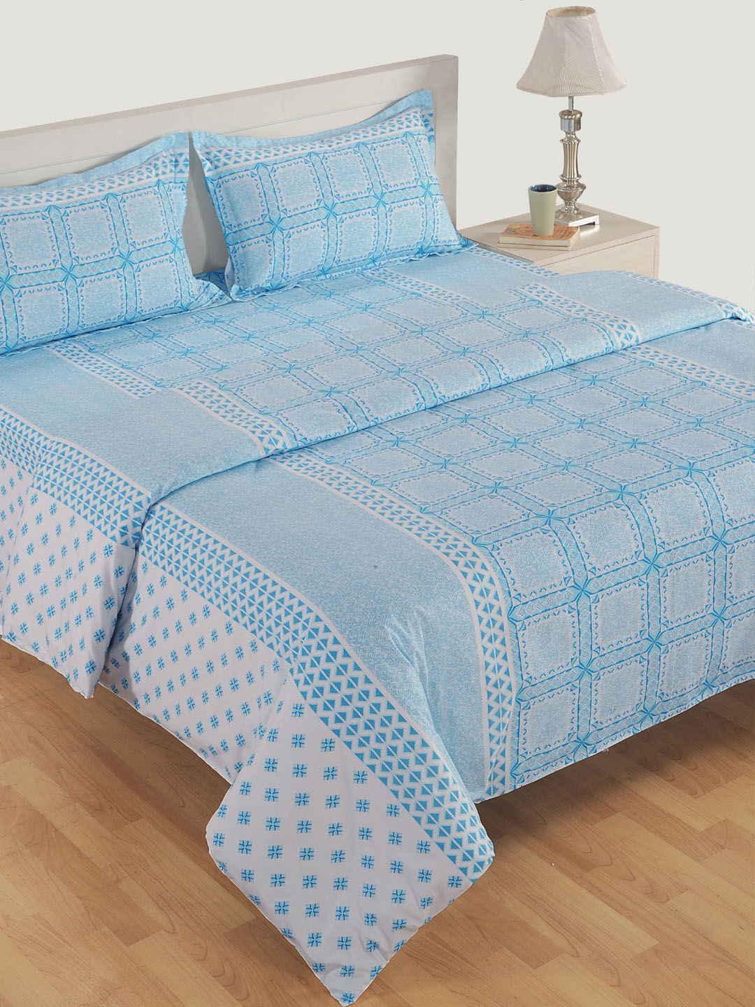 

SWAYAM Blue & White Satin Cotton 250TC Printed Bedding Set