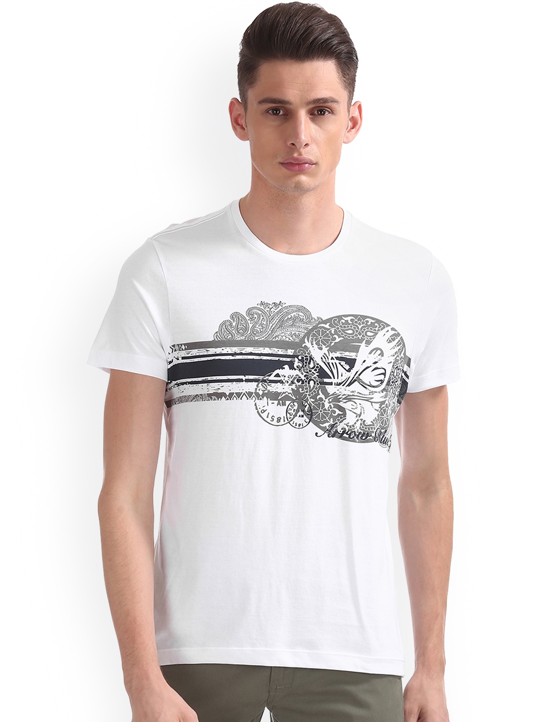 

Arrow Blue Jean Co. Men White Printed Round Neck Pure Cotton T-shirt