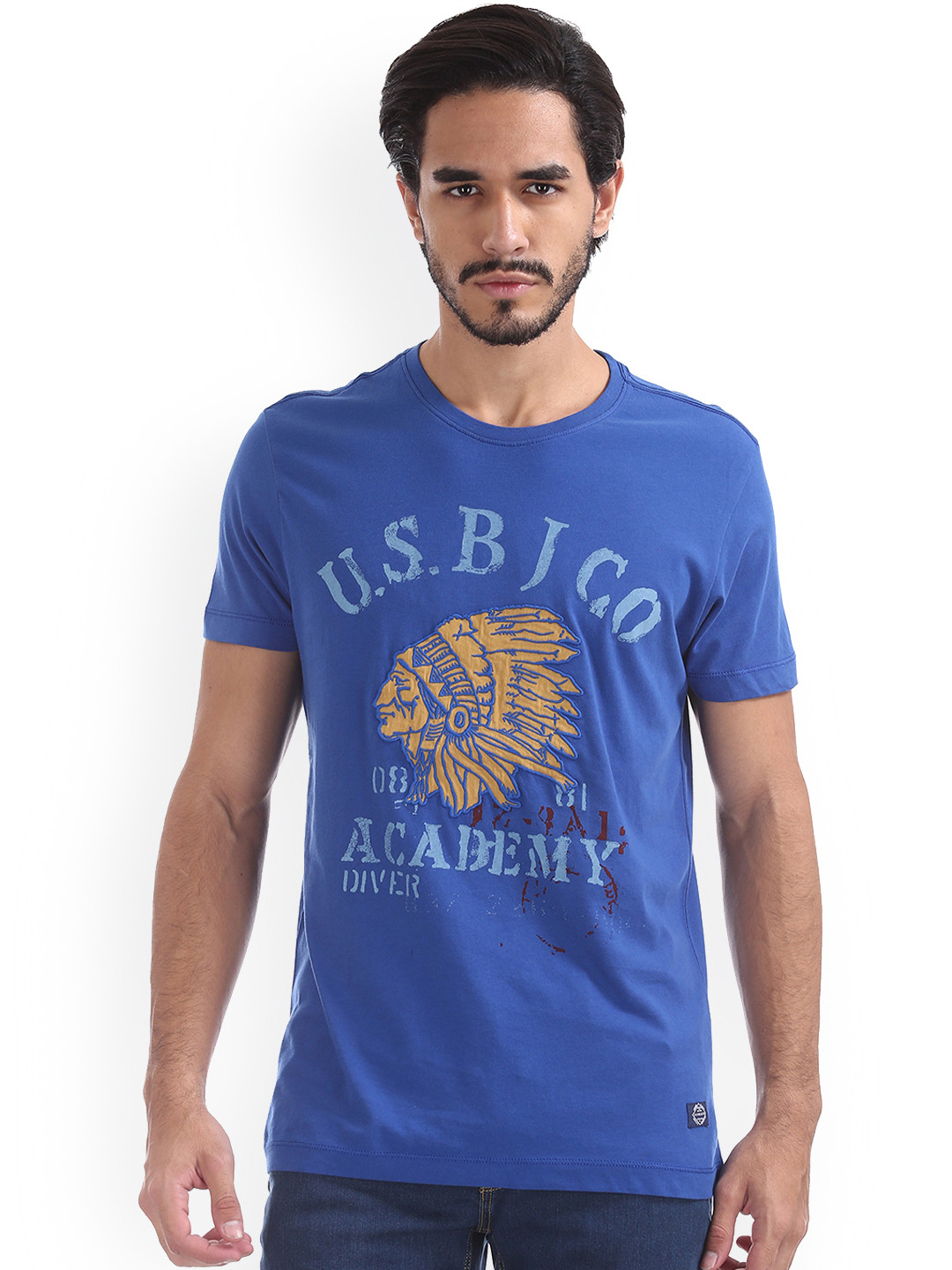

Arrow Blue Jean Co. Men Blue Printed Round Neck Pure Cotton T-shirt