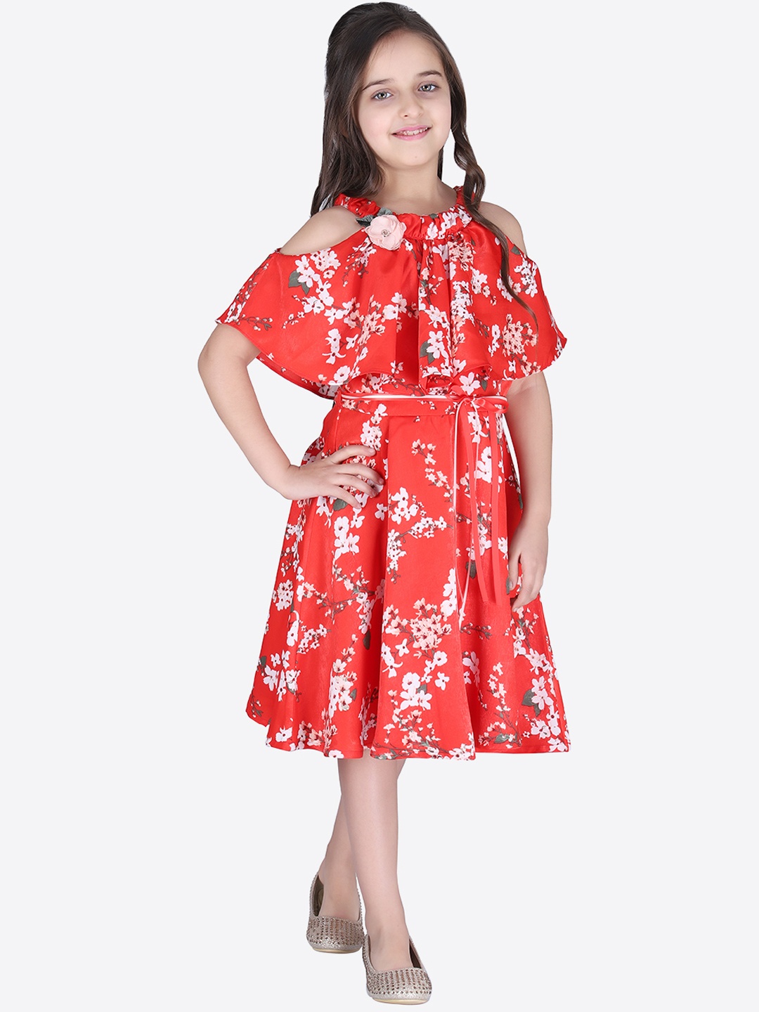

CUTECUMBER Girls Red Printed Fit and Flare Dress