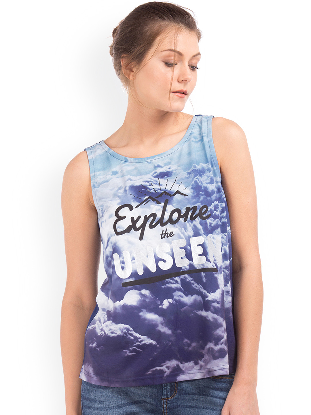 

Flying Machine Women Blue Printed Round Neck T-shirt