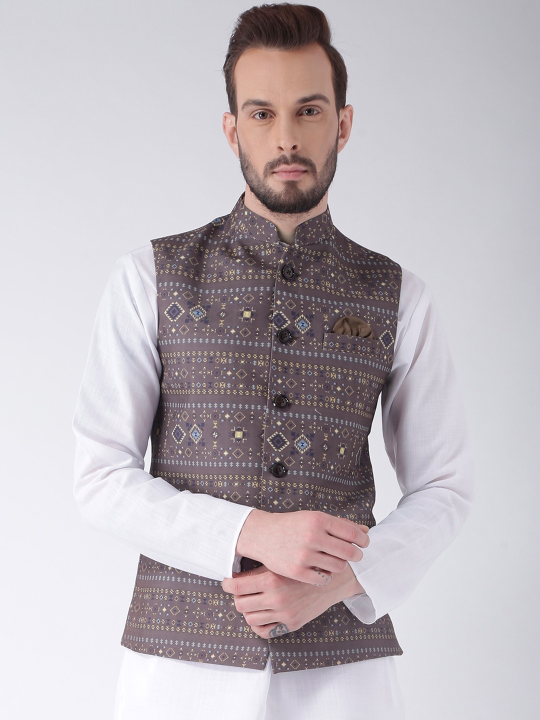 

Hangup Men Grey Printed Nehru Jacket