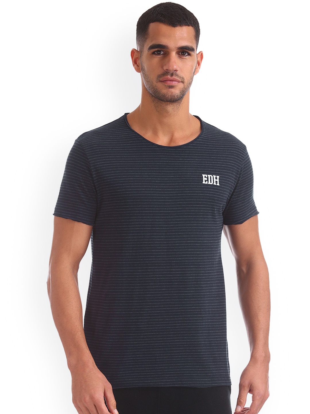 

Ed Hardy Men Navy Blue Striped Round Neck Pure Cotton T-shirt