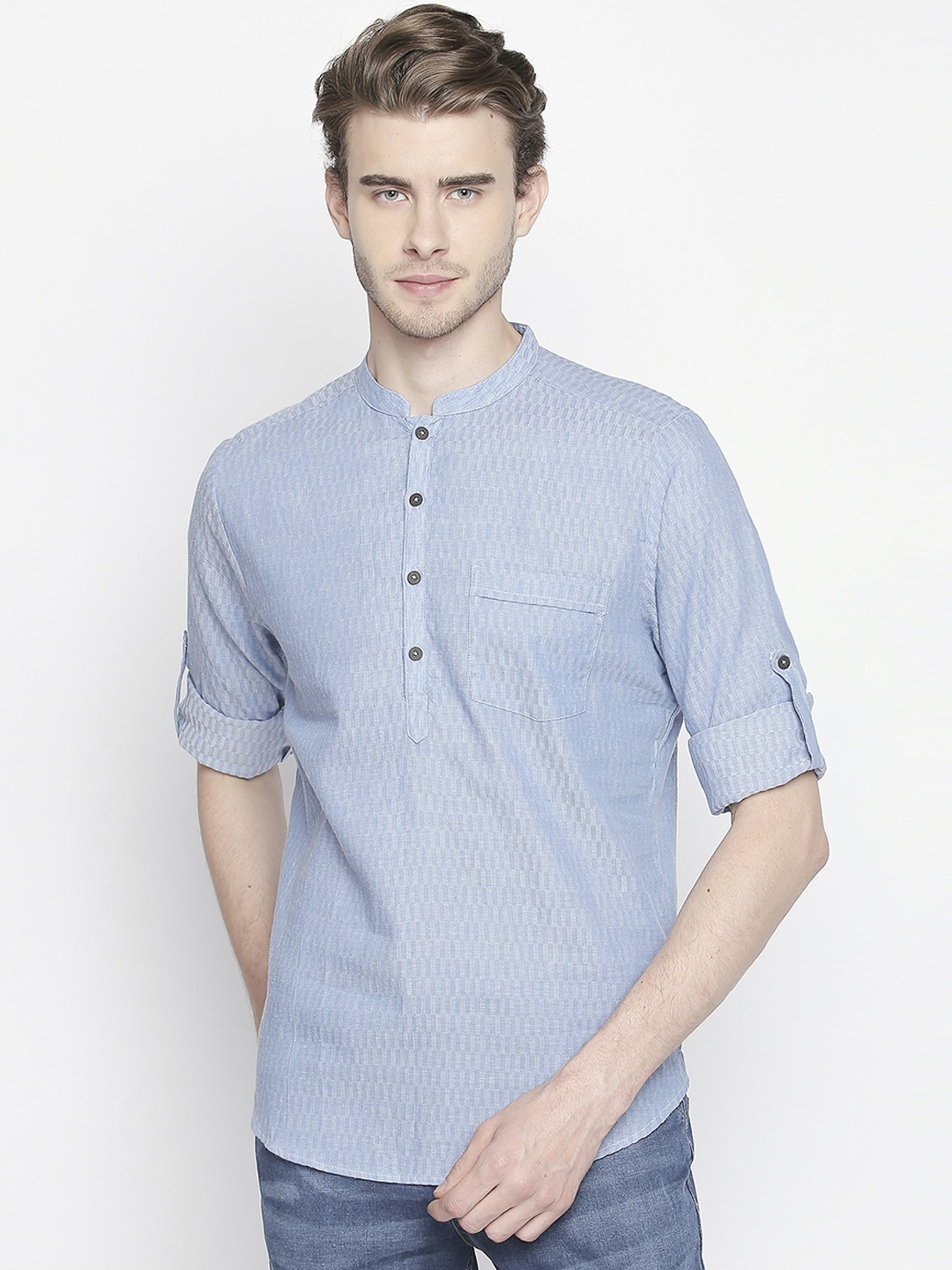 

indus route by Pantaloons Men Blue Woven Design Straight Kurta