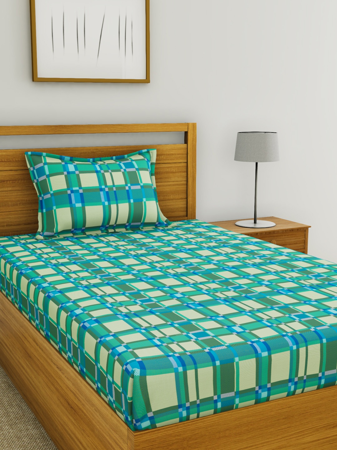 

BIANCA Green & Blue Checked 144 TC Cotton 1 Single Bedsheet with 1 Pillow Covers