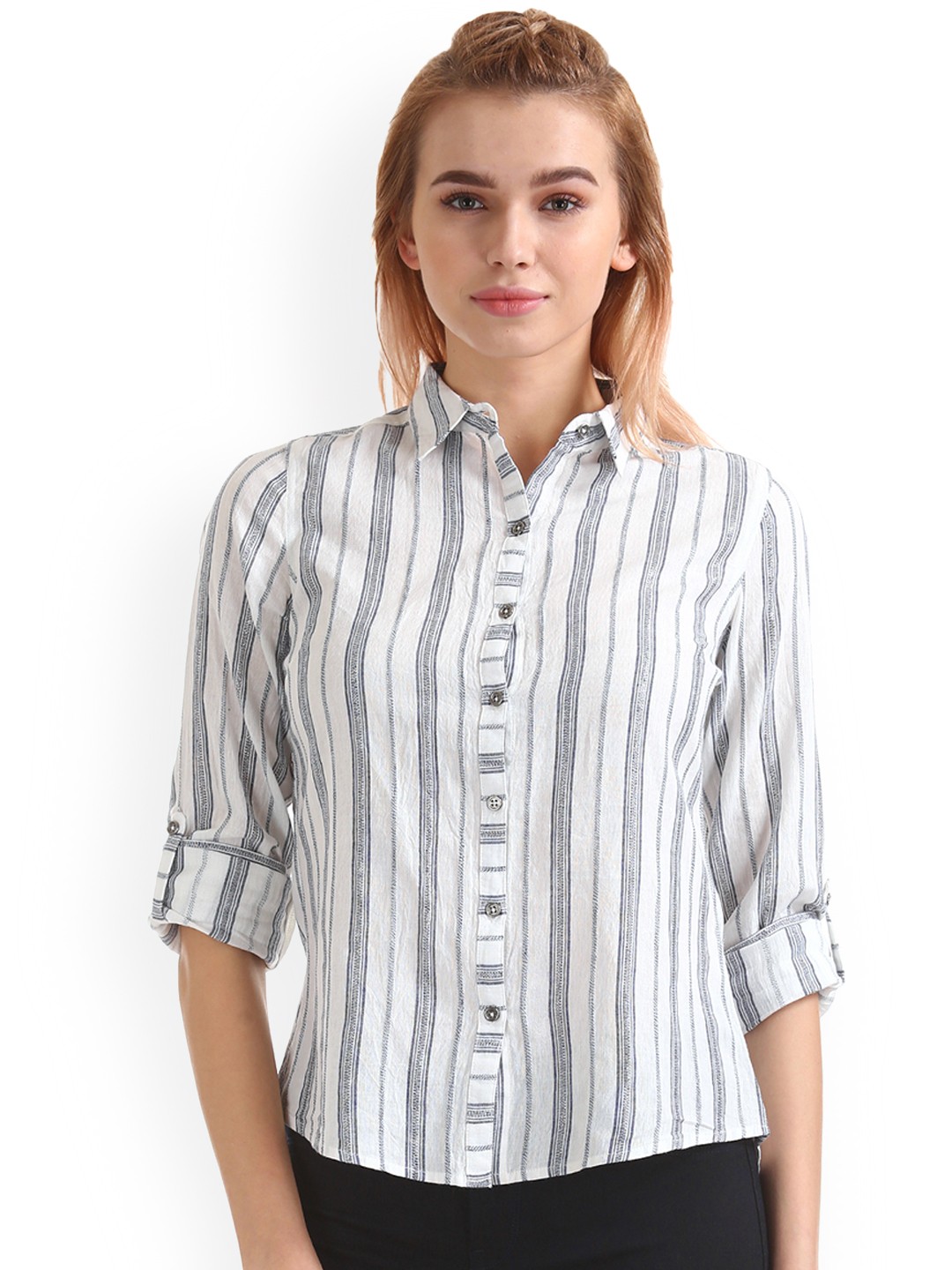 

Flying Machine Women White & Blue Regular Fit Striped Casual Shirt