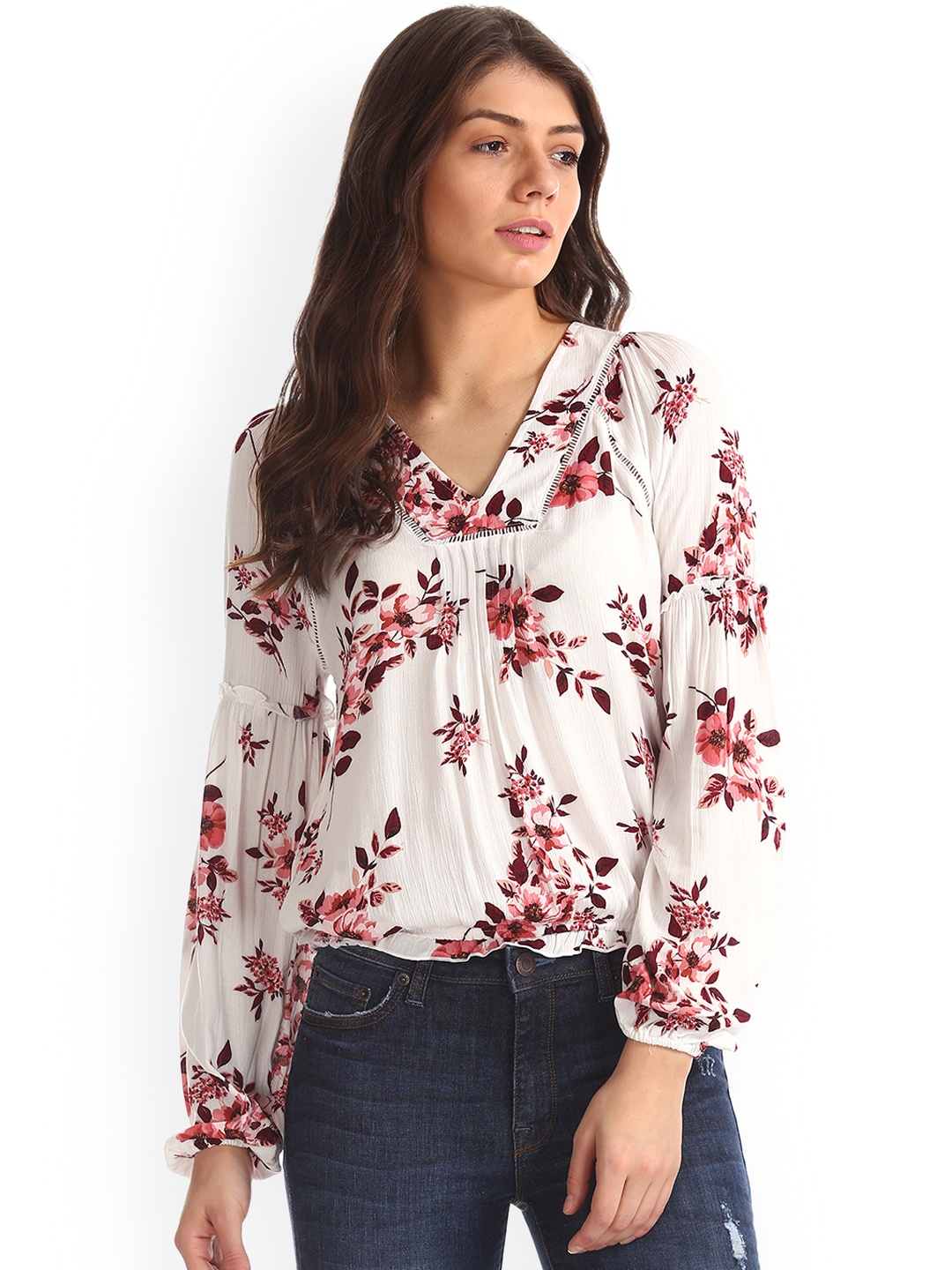 

Aeropostale Women White & Pink Printed Blouson Top