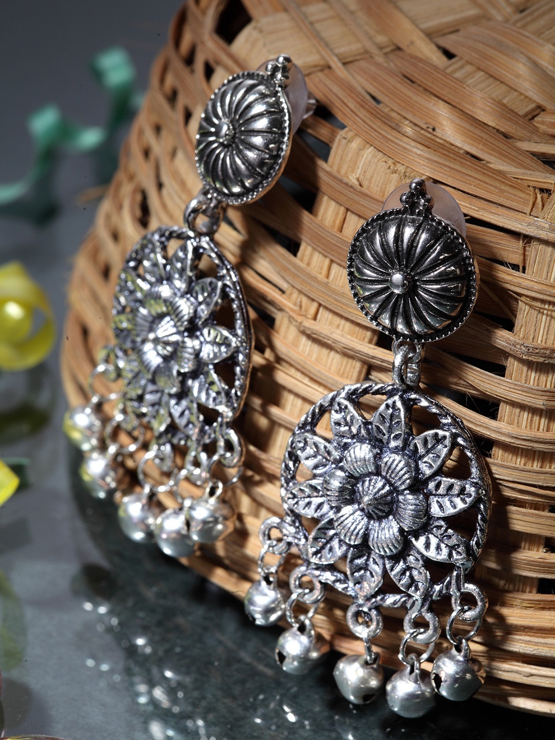 

Moedbuille Silver-Plated Oxidised Floral Drop Earrings