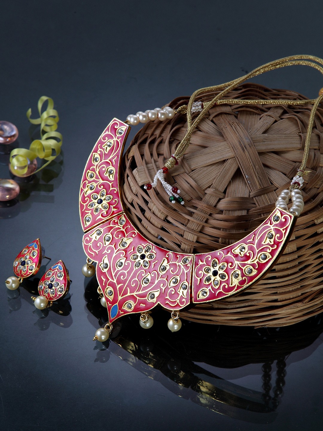 

Moedbuille Gold-Plated, Pink & White Handcrafted Meenakari Desin & Kundan Jadau Jewellery Set