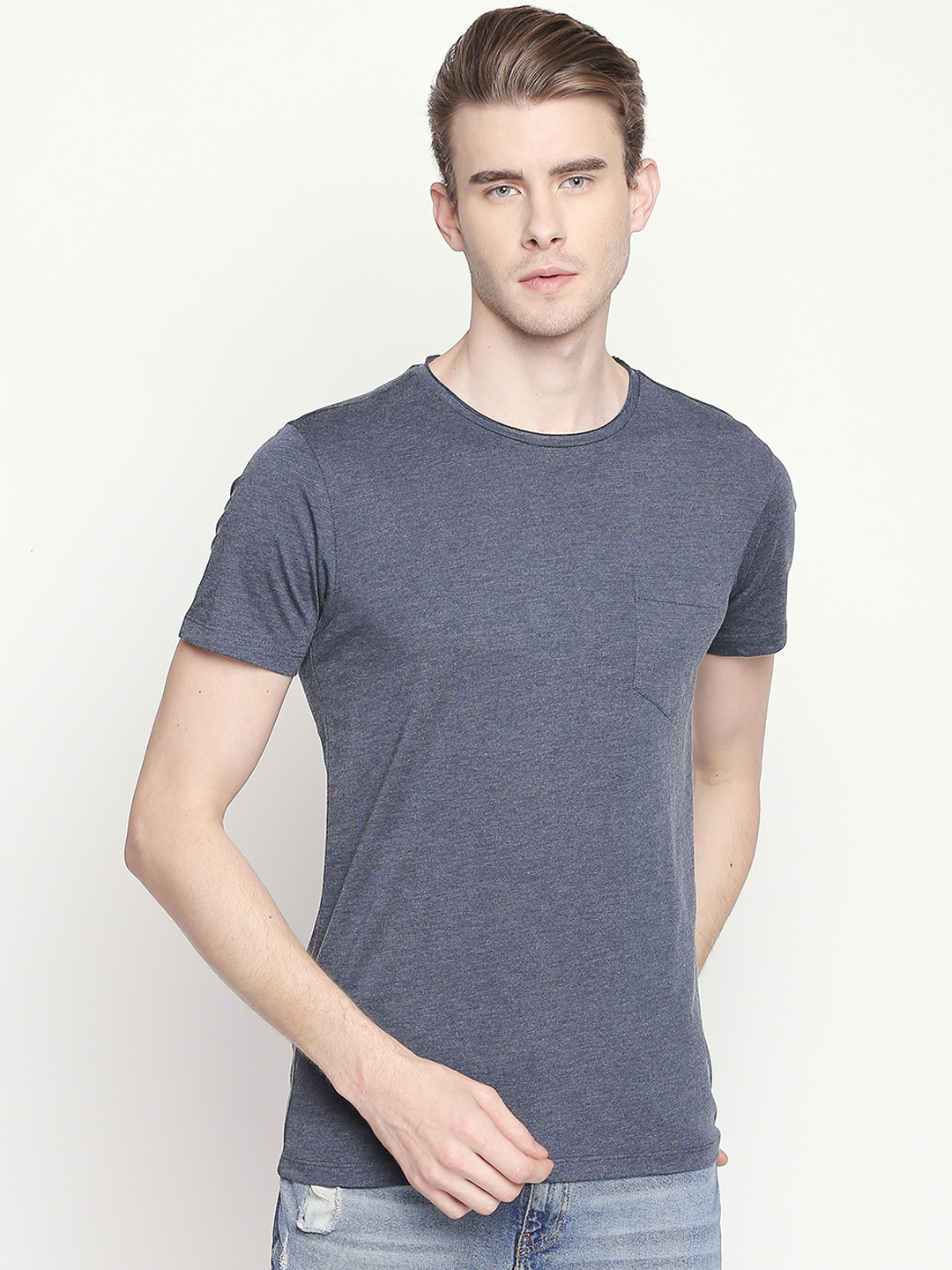 

Urban Ranger by pantaloons Men Navy Blue Solid Round Neck Pure Cotton T-shirt