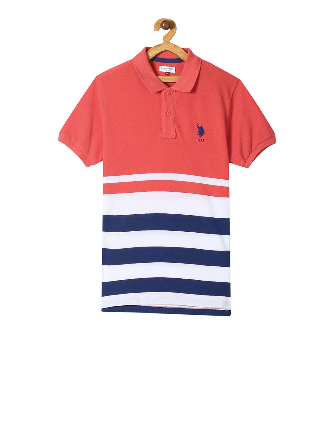 

U.S. Polo Assn. Kids Boys Coral Red Striped Polo Collar Pure Cotton T-shirt