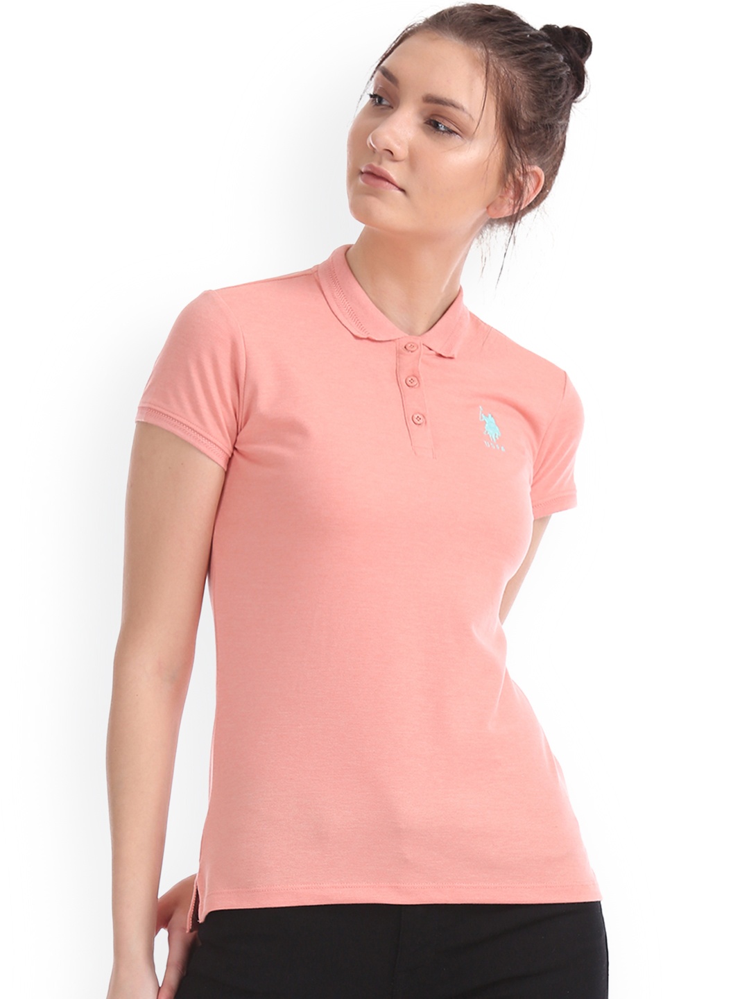 U.S. Polo Assn. Women Pink Solid Polo Collar T-shirt