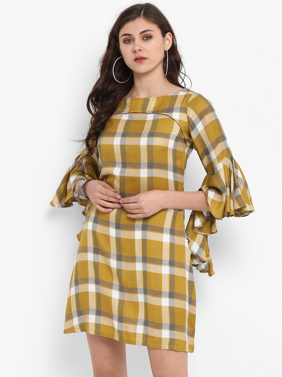 

Taurus Women Mustard Yellow & White Checked Fit and Flare Dress