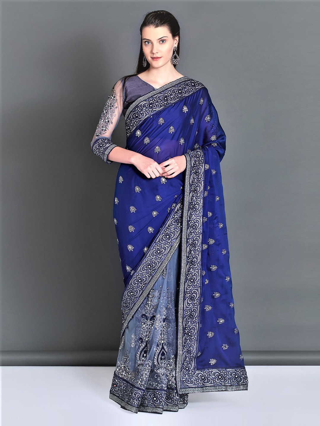 

Mitera Navy Blue Embroidered Poly Georgette Saree