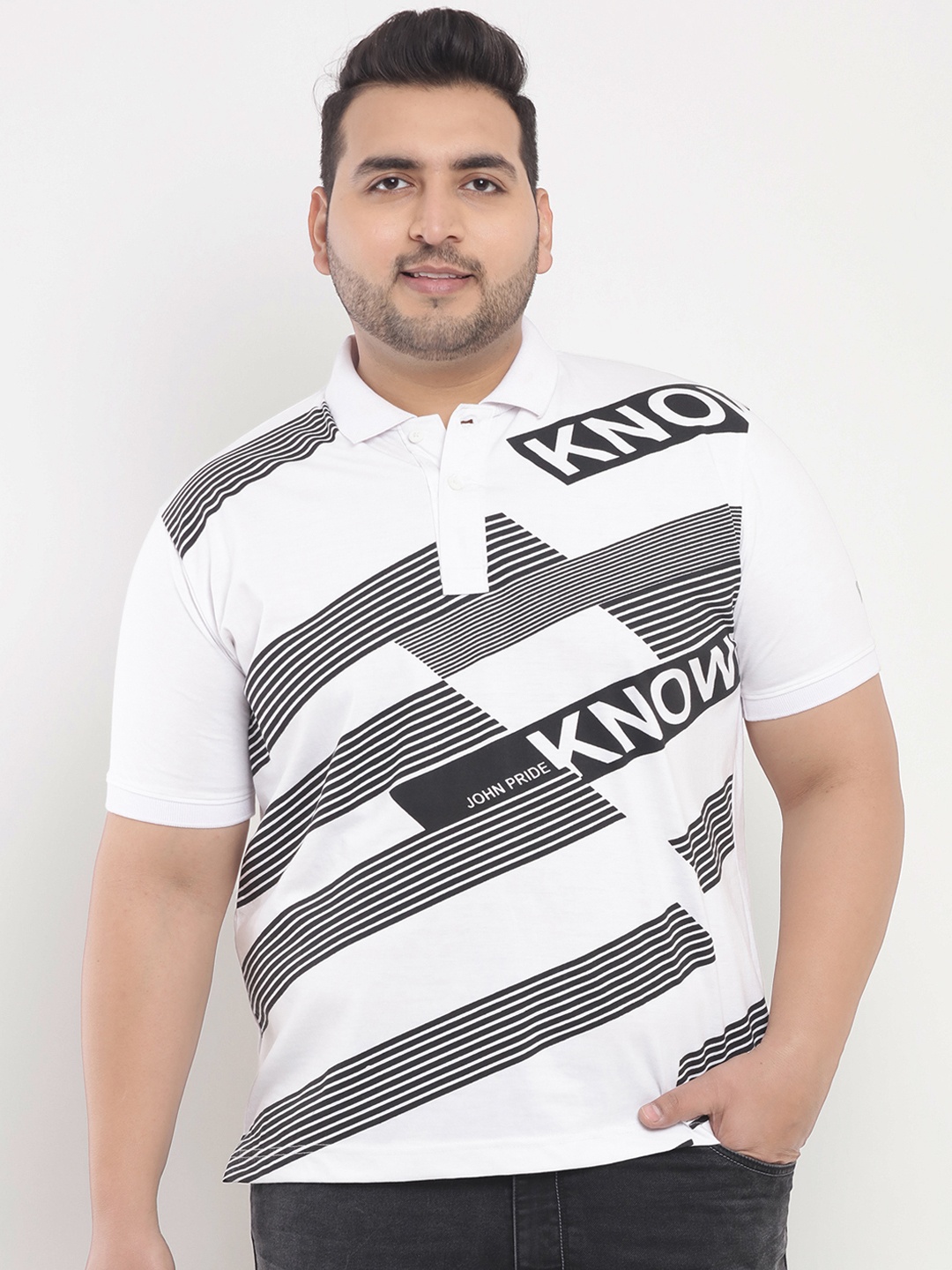 

John Pride Plus Size Men White Black Printed Polo Collar T-shirt