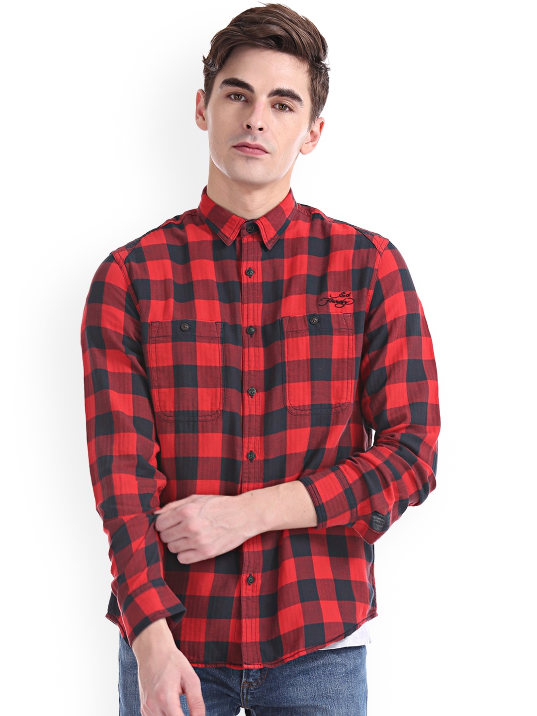 

Ed Hardy Men Red & Black Slim Fit Checked Casual Shirt