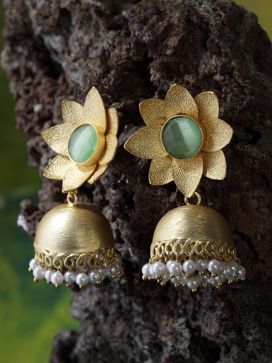 

Moedbuille Gold-Plated & Green Handcrafted Floral Jhumkas