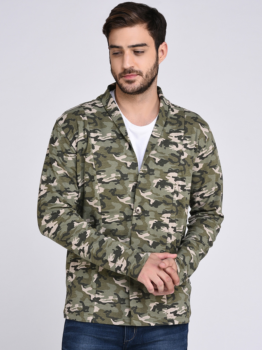

Rigo Men Olive Green Camouflage Print Single-Breasted Casual Pure Cotton Blazer