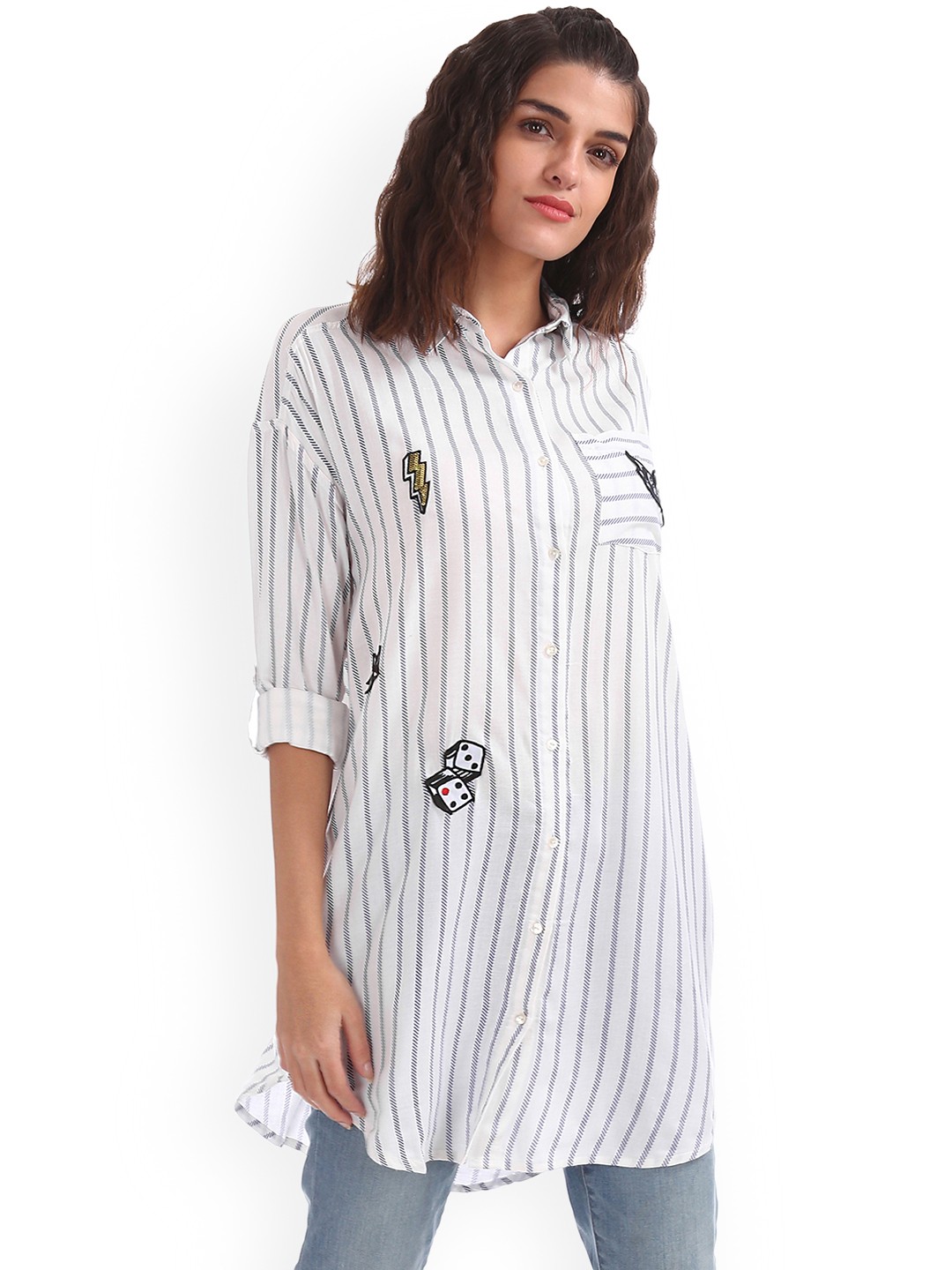 

Ed Hardy Women White & Navy Blue Regular Fit Striped Casual Longline Shirt