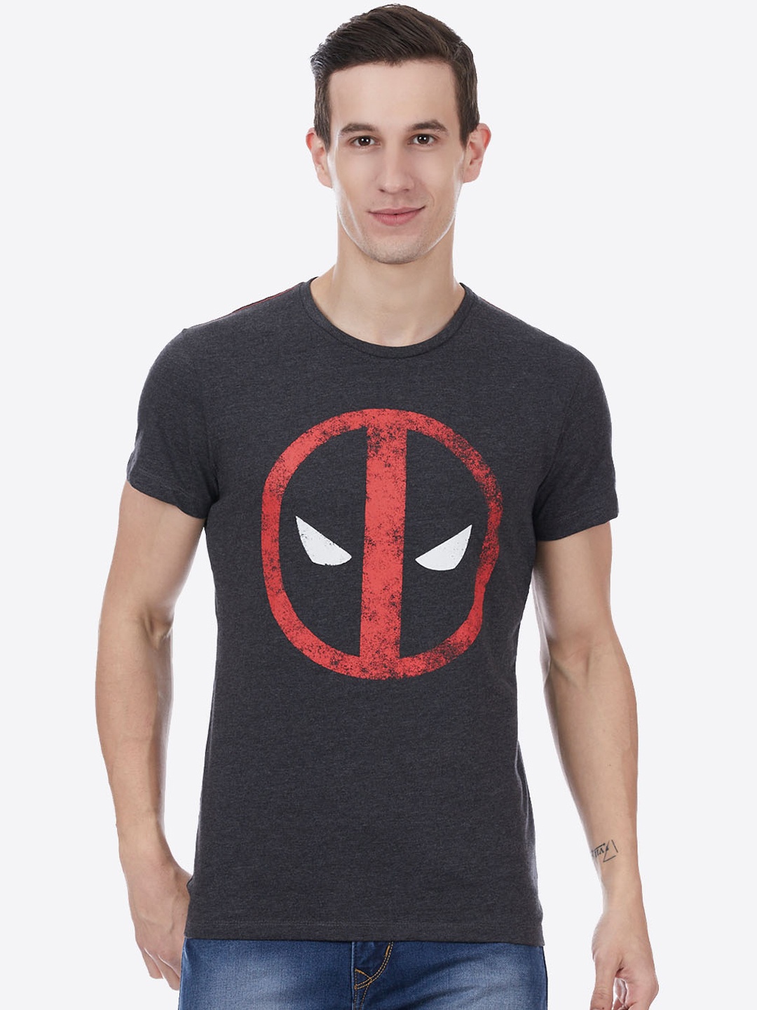 

Free Authority Men Grey Deadpool Printed Pure Cotton T-shirt
