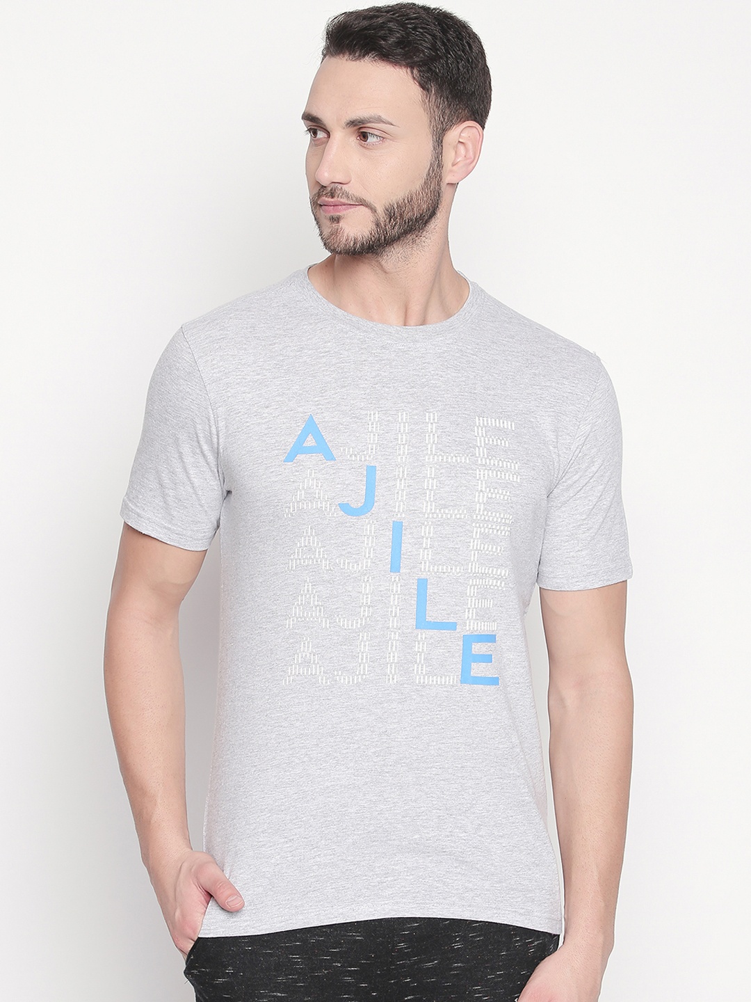 

Ajile by Pantaloons Men Grey Melange Printed Round Neck Pure Cotton T-shirt