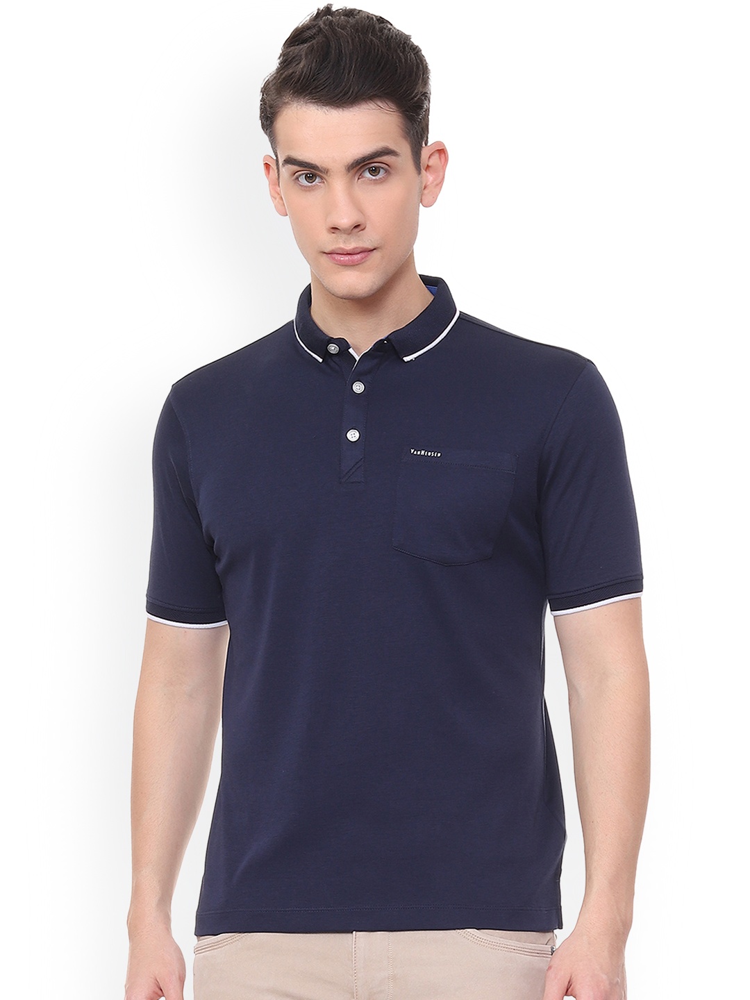 

Van Heusen Men Navy Blue Solid Polo Collar Pure Cotton T-shirt