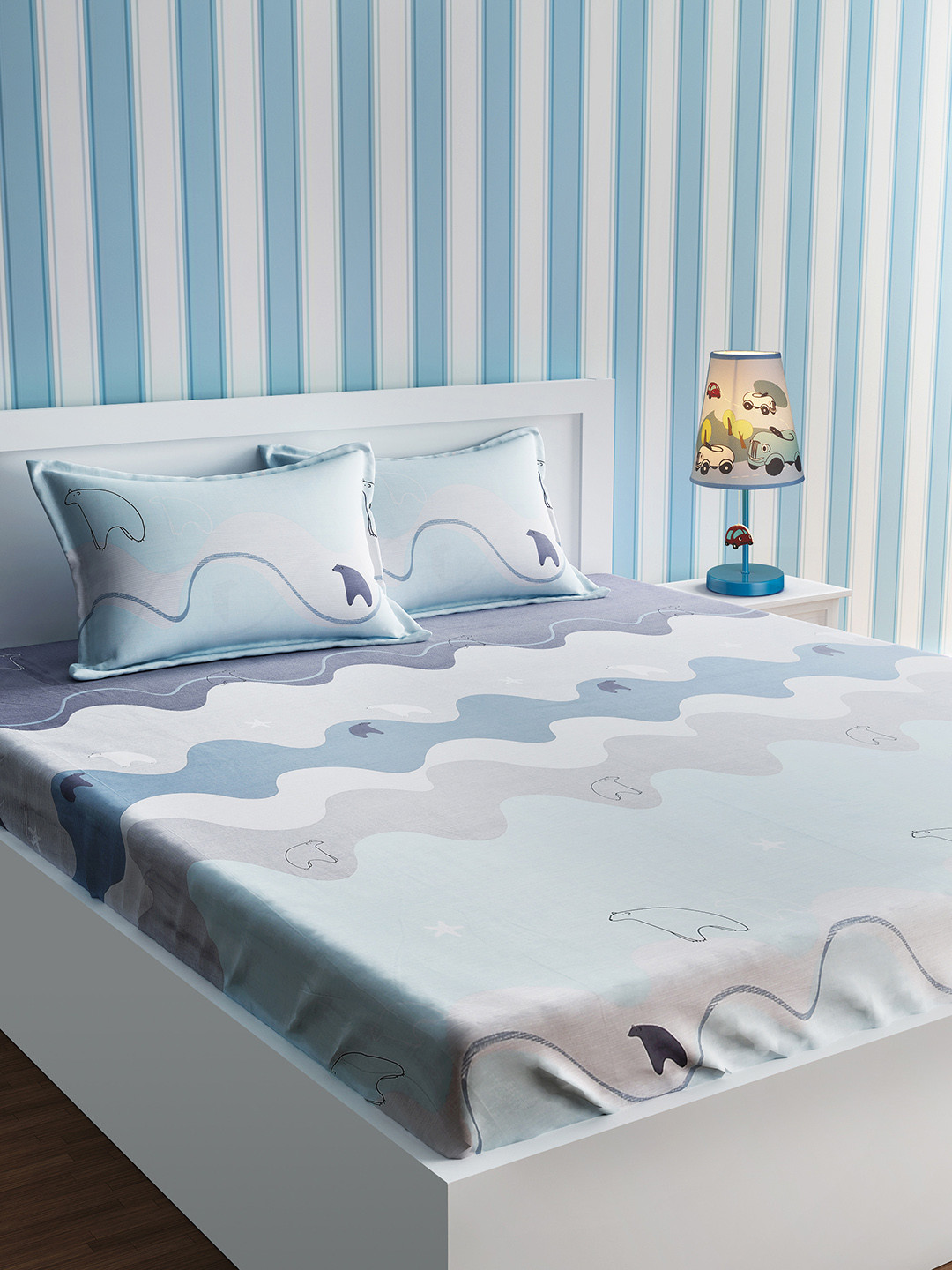 

URBAN DREAM Grey & Blue Cartoon Characters 210 TC Cotton 1 Queen Bedsheet with 2 Pillow Covers