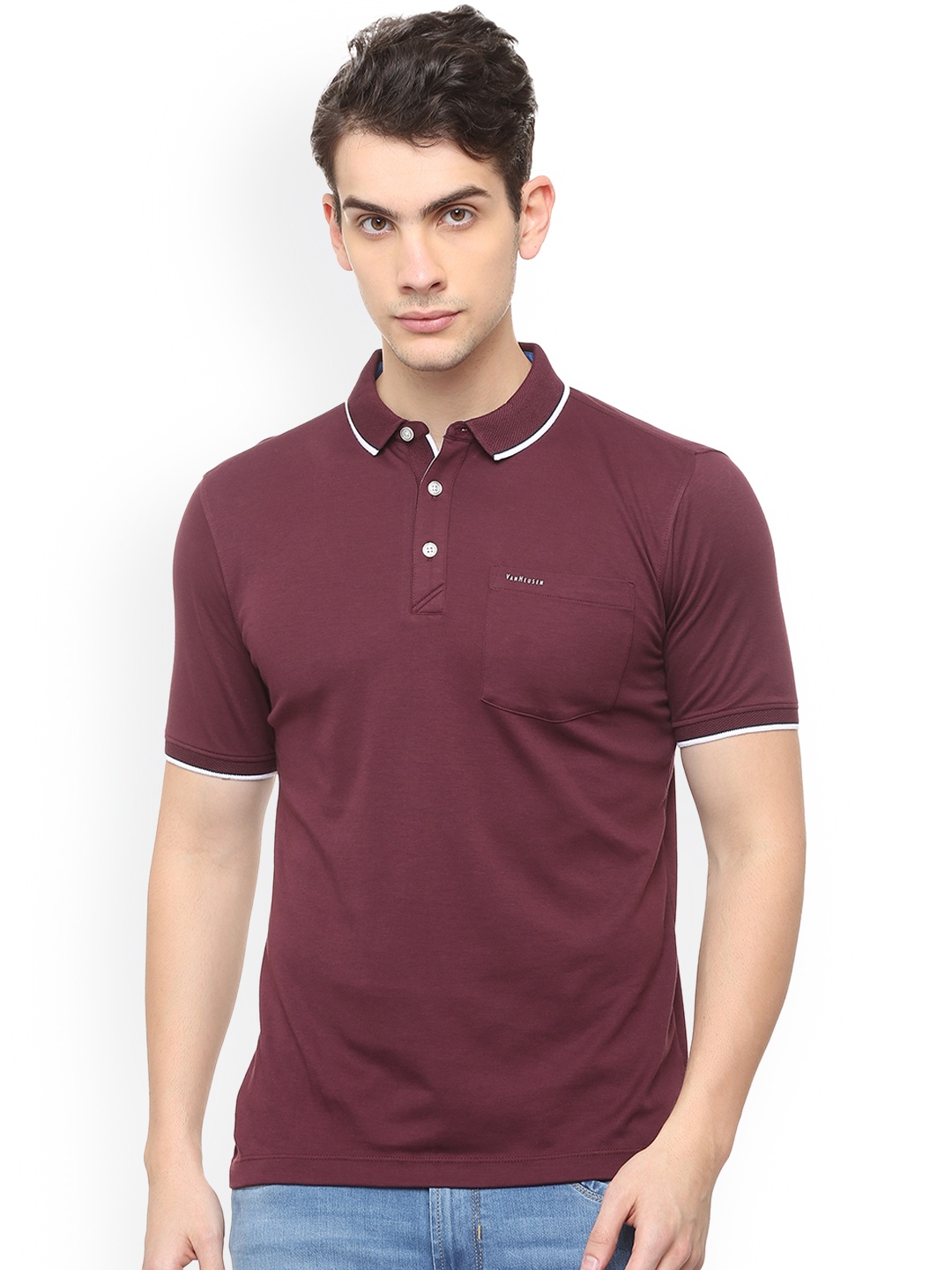 

Van Heusen Men Maroon Solid Polo Collar Pure Cotton T-shirt