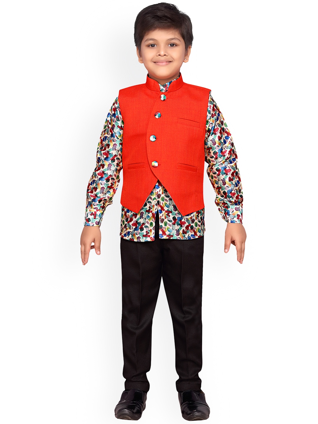 

Aj DEZInES Boys Red & Black Printed Shirt with Trousers