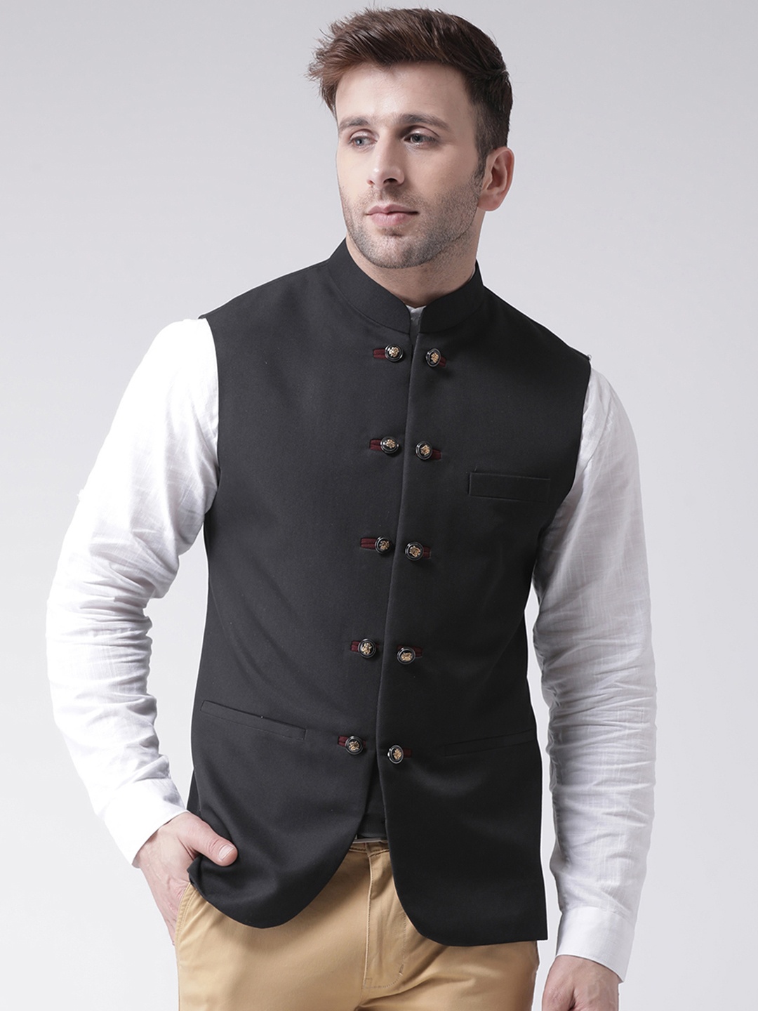 

Hangup Men Black Solid Nehru Jacket