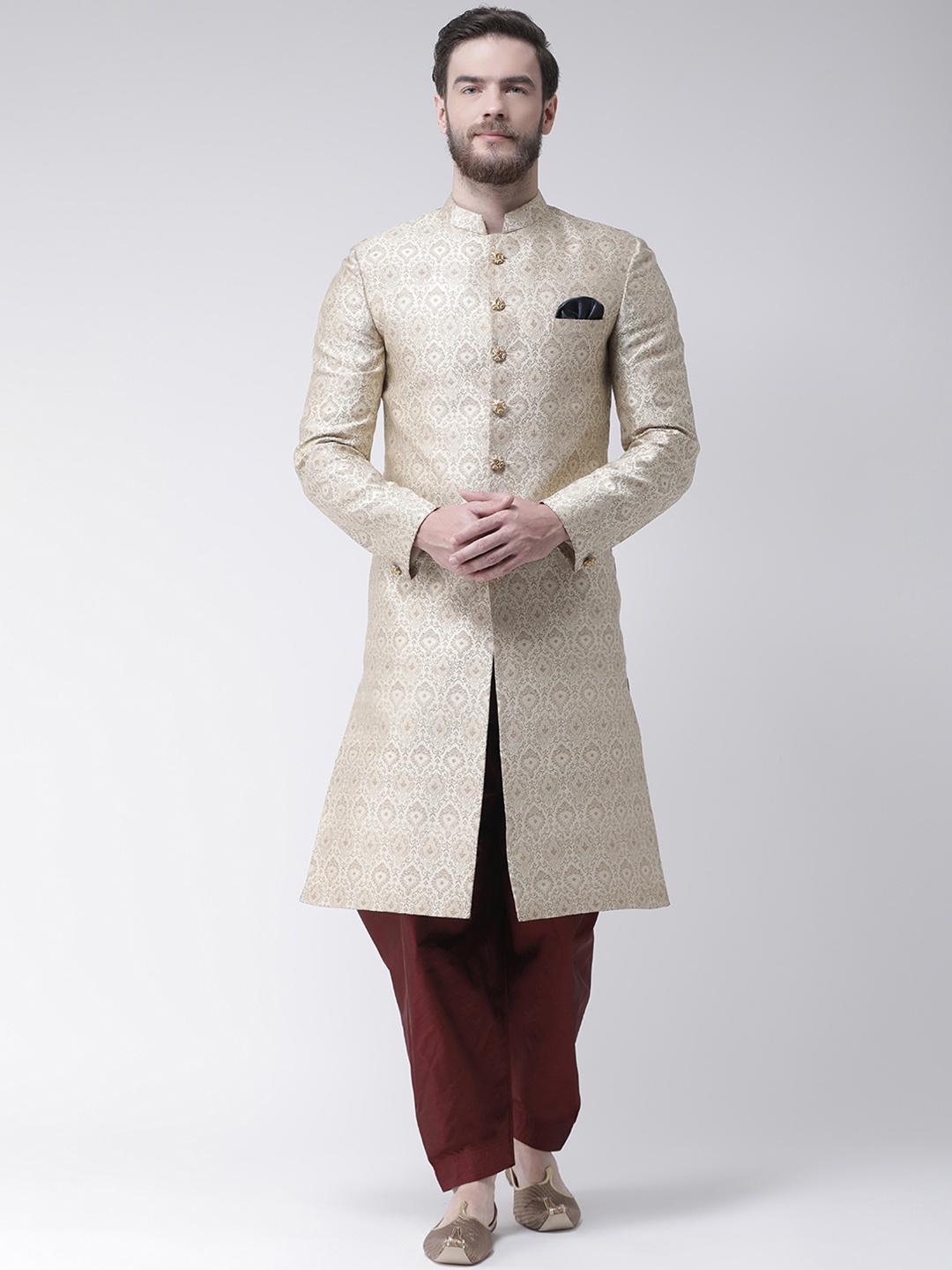 

Hangup Men Beige Printed Sherwani With Maroon Solid Dhoti Pants