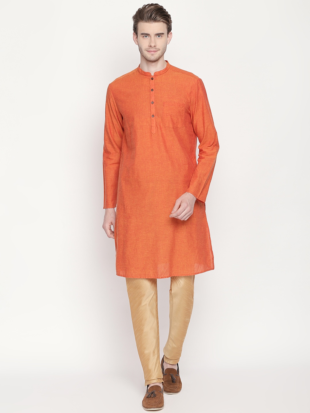 

indus route by Pantaloons Men Orange Solid Straight Kurta