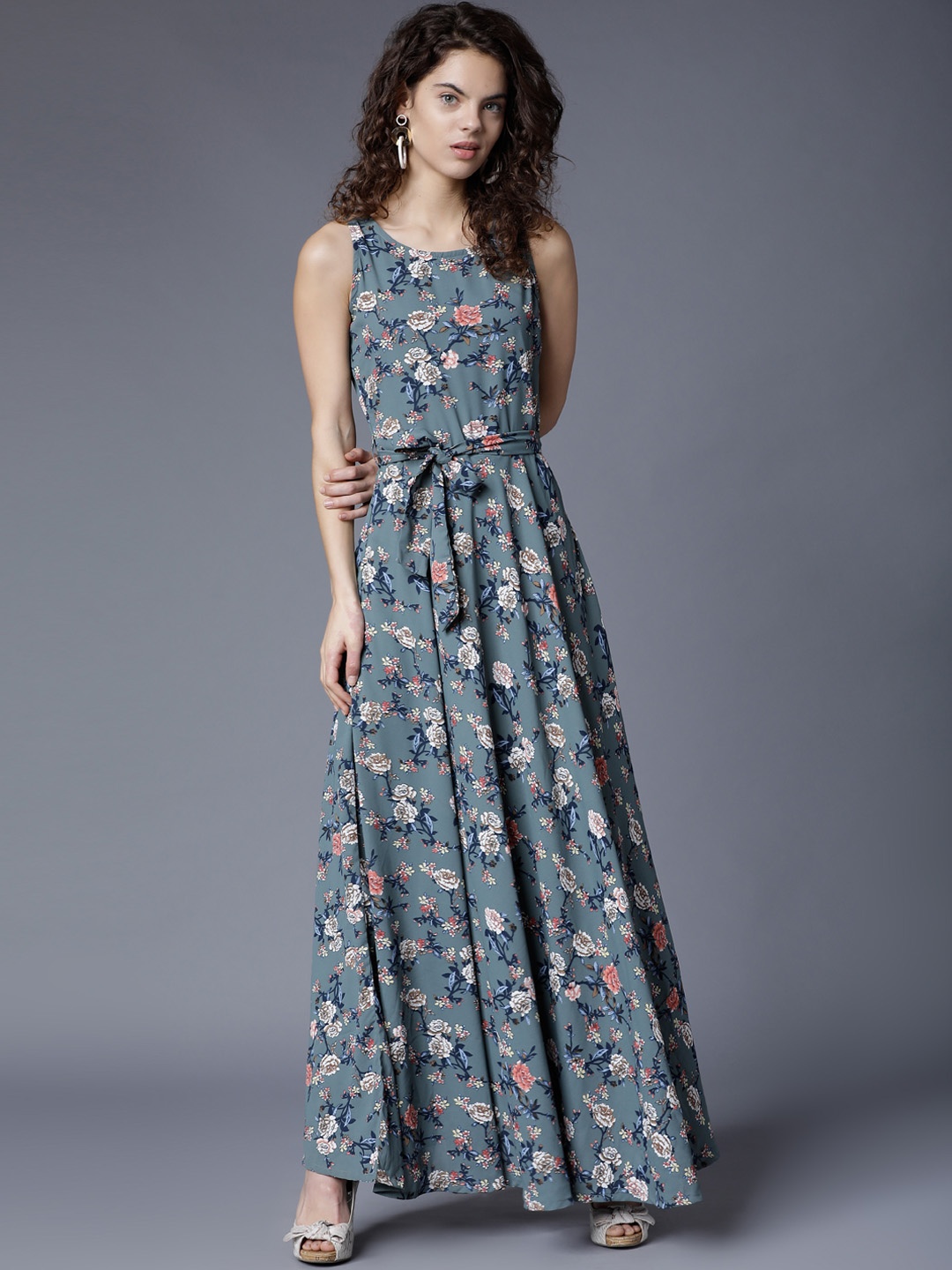 

Tokyo Talkies Women Teal Blue Printed Maxi Dress