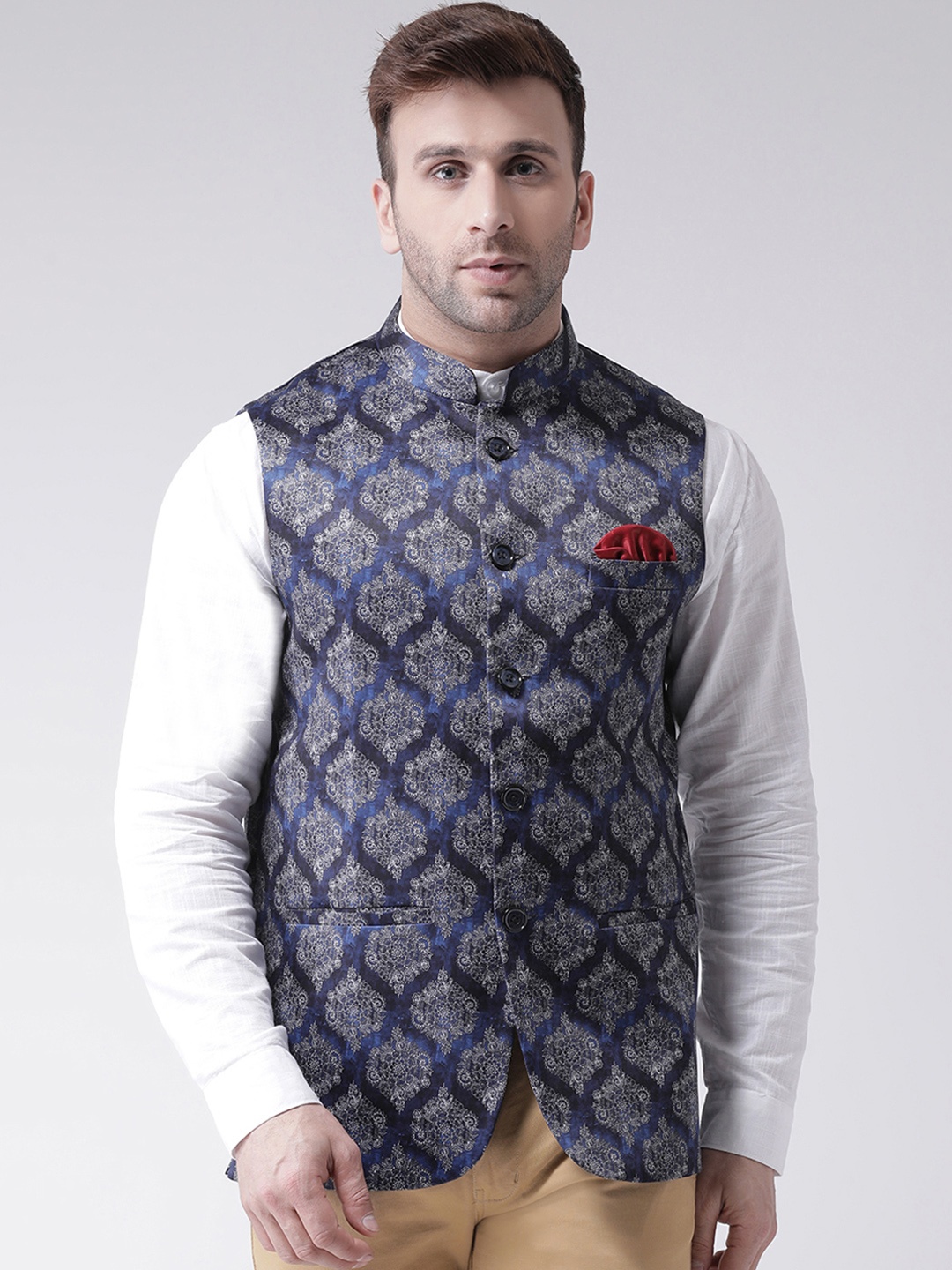 

Hangup Men Blue Printed Nehru Jacket