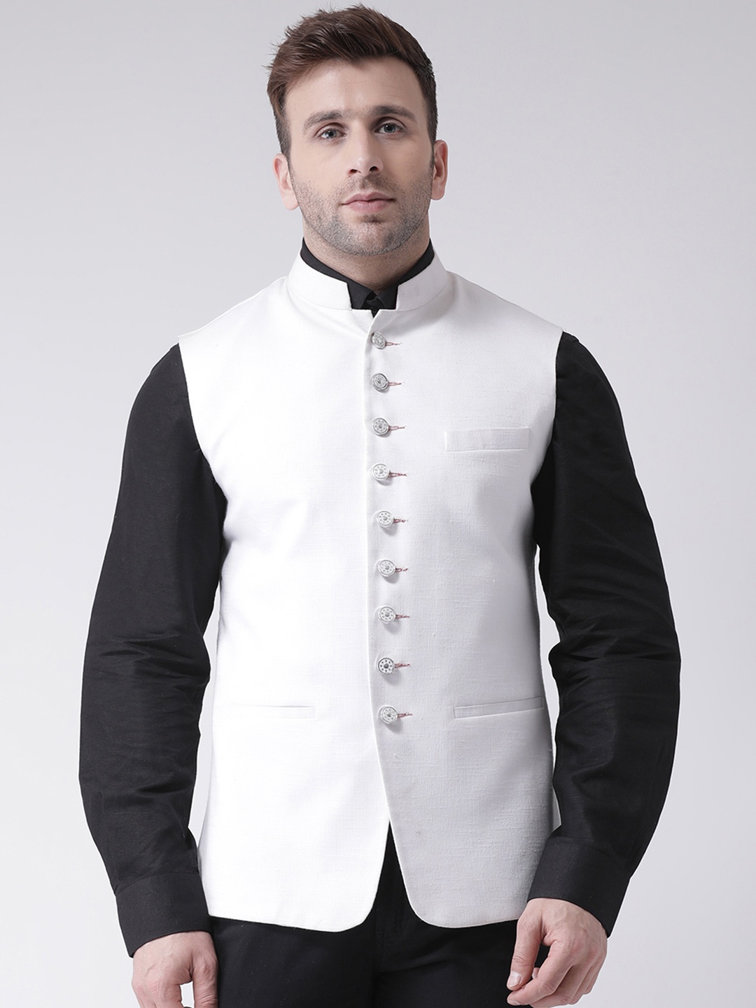 

Hangup Men White Solid Nehru Jacket
