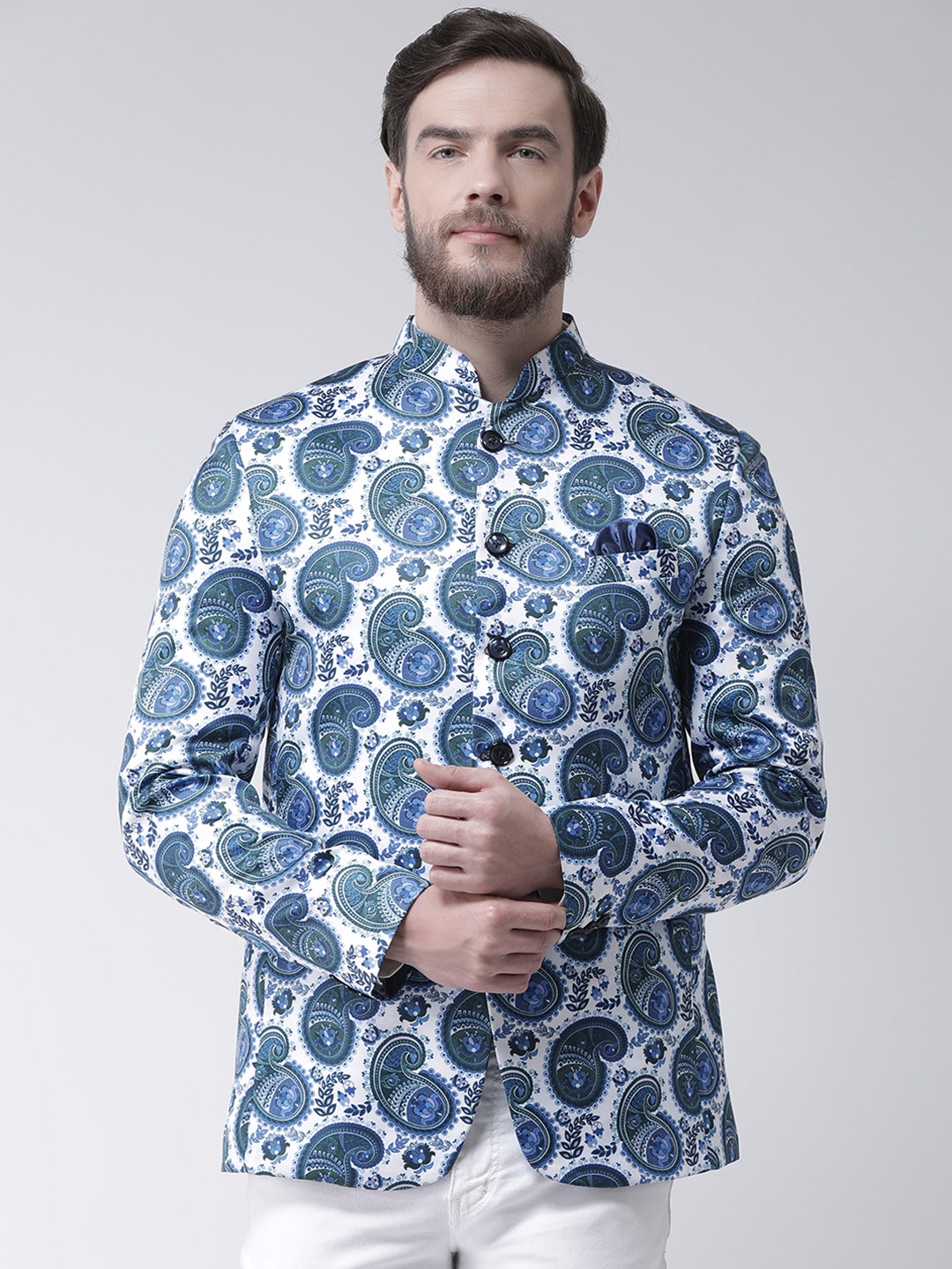 

Hangup Men White & Blue Printed Regular Fit Single-Breasted Blazer