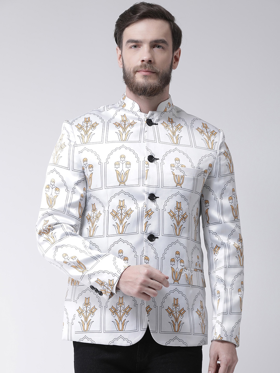 

Hangup Men White & Brown Printed Regular Fit Single-Breasted Blazer