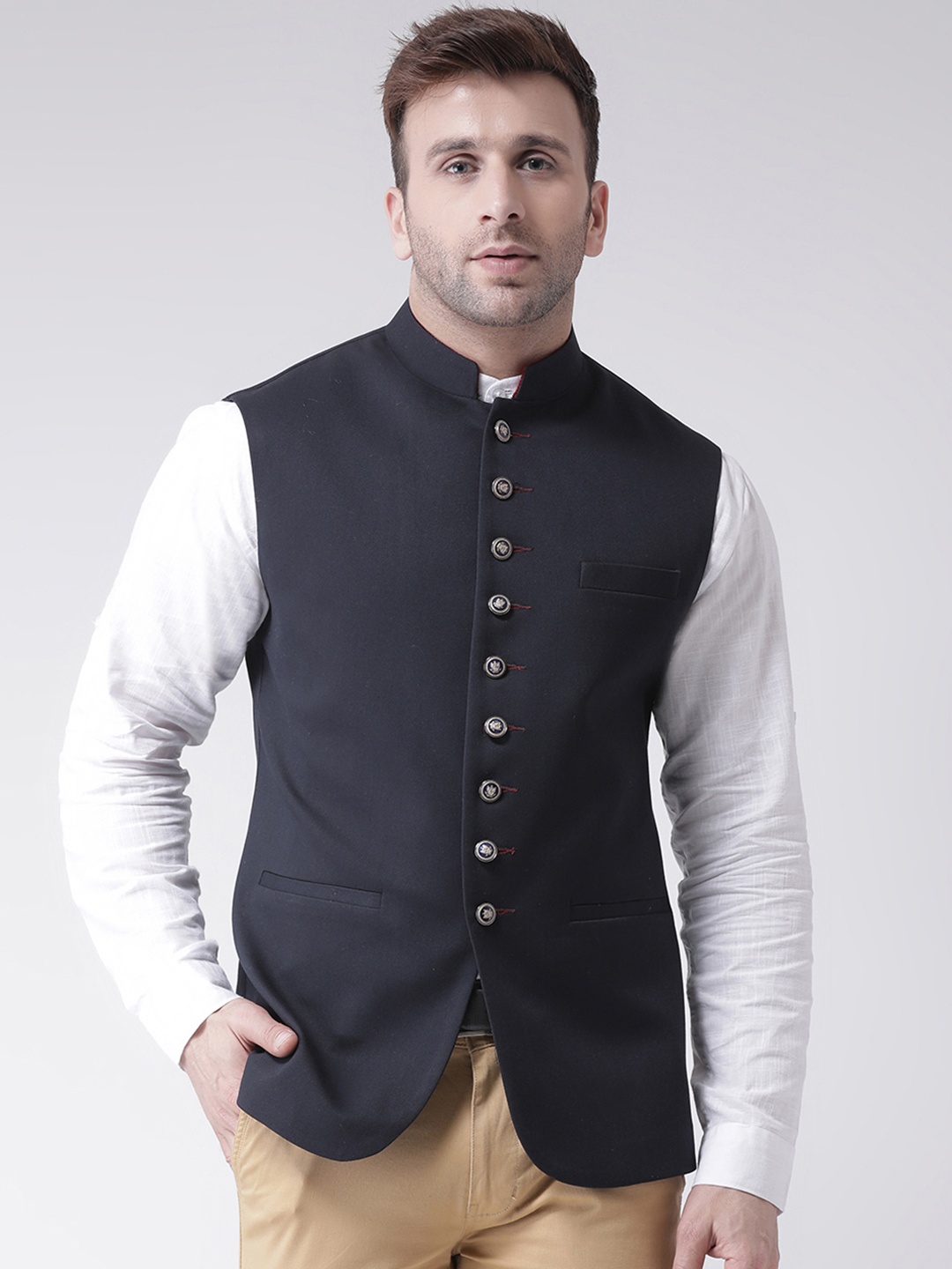 

Hangup Men Navy Blue Solid Nehru Jacket