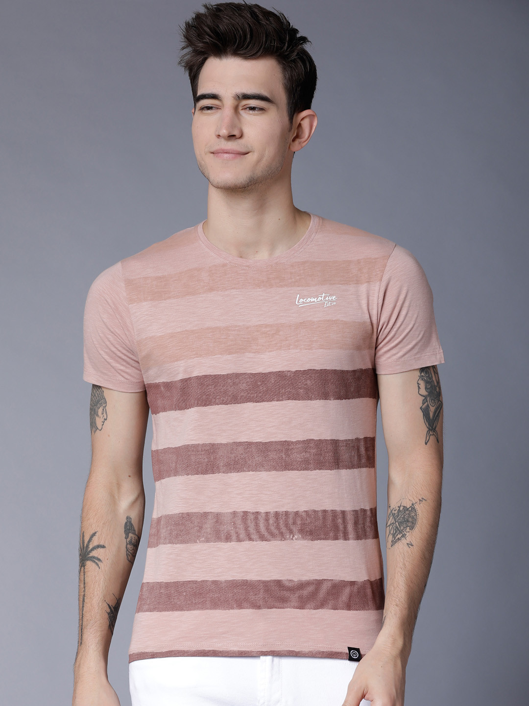 

LOCOMOTIVE Men Pink Striped Round Neck T-shirt
