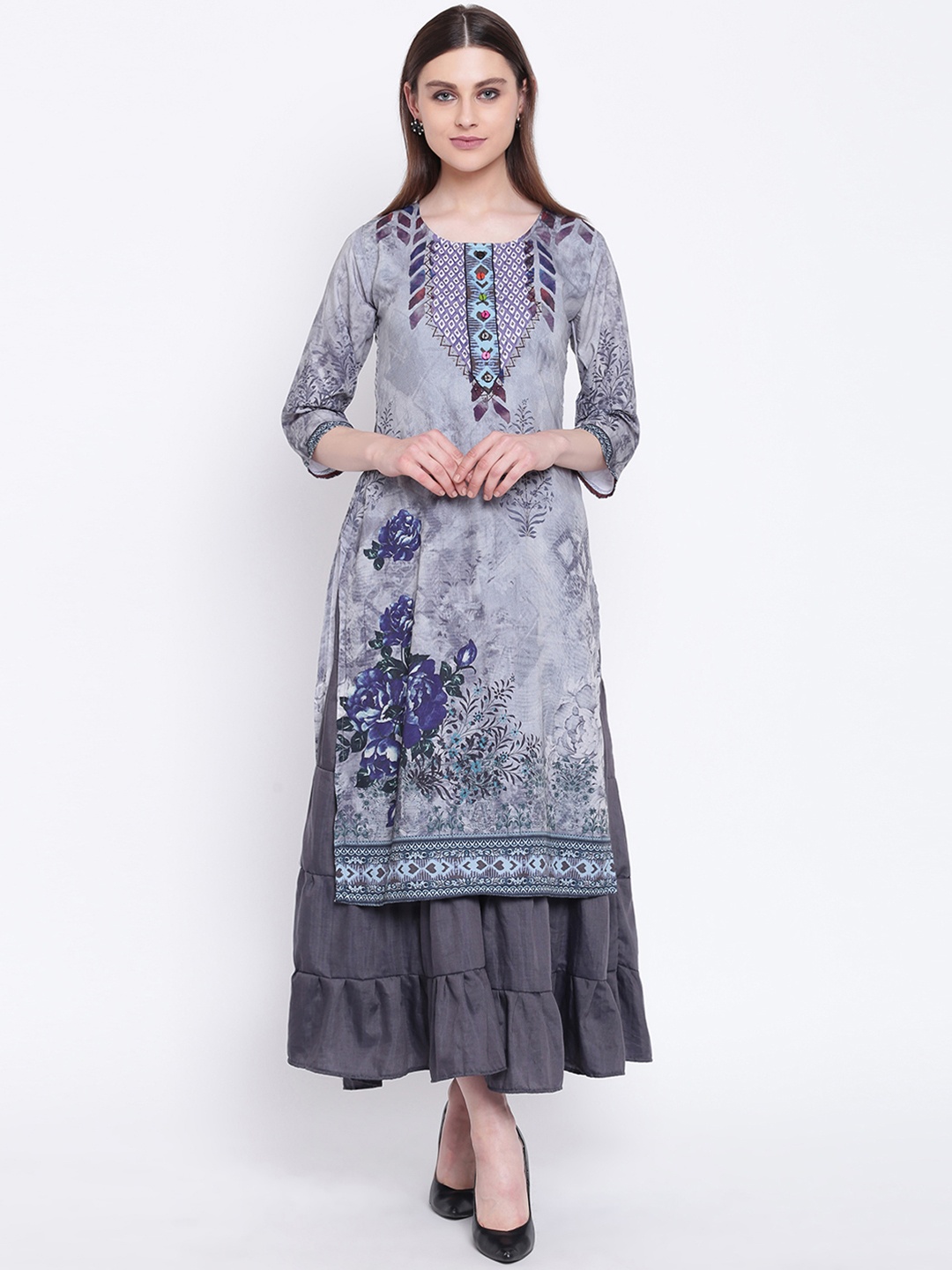 

Kvsfab Women Grey Printed Ethnic Maxi Dress