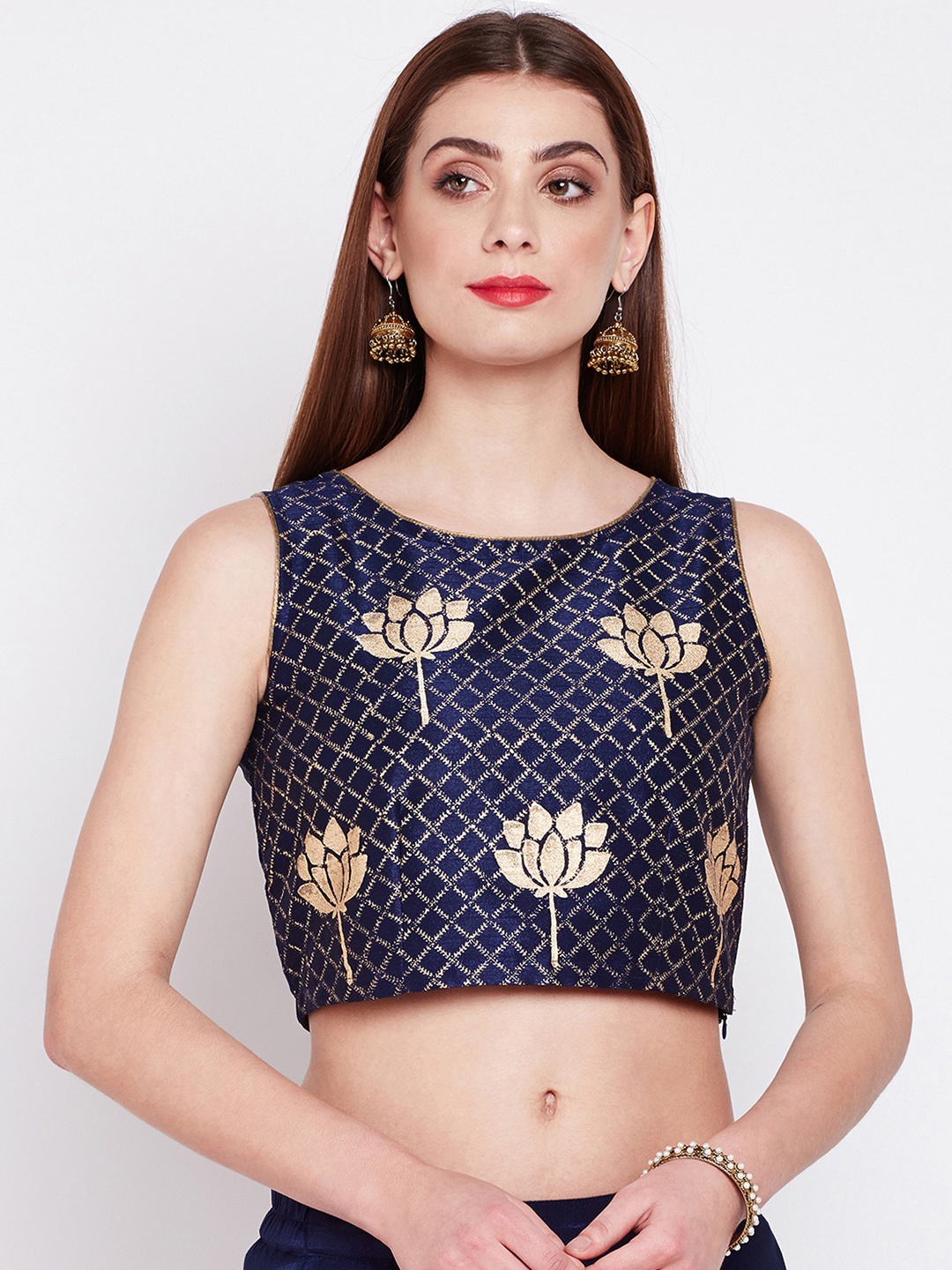 

studio rasa Women Dupion Hand Block Printed Crop Top, Navy blue