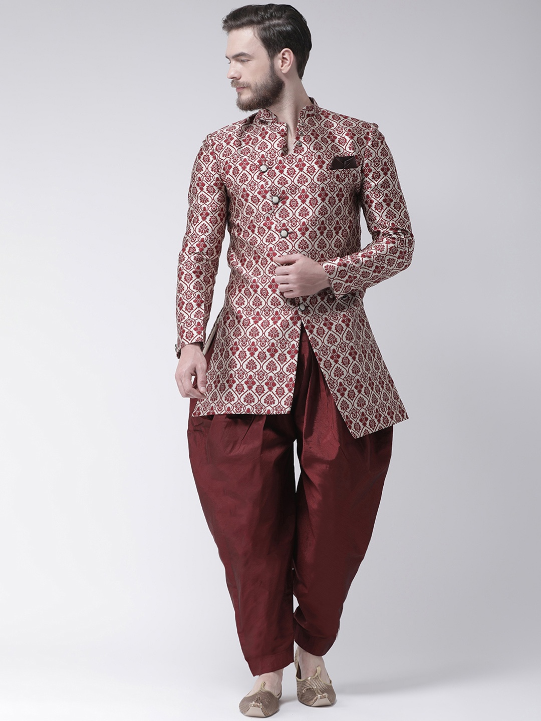 

Hangup Men Maroon Printed Sherwani With Dhoti Pants
